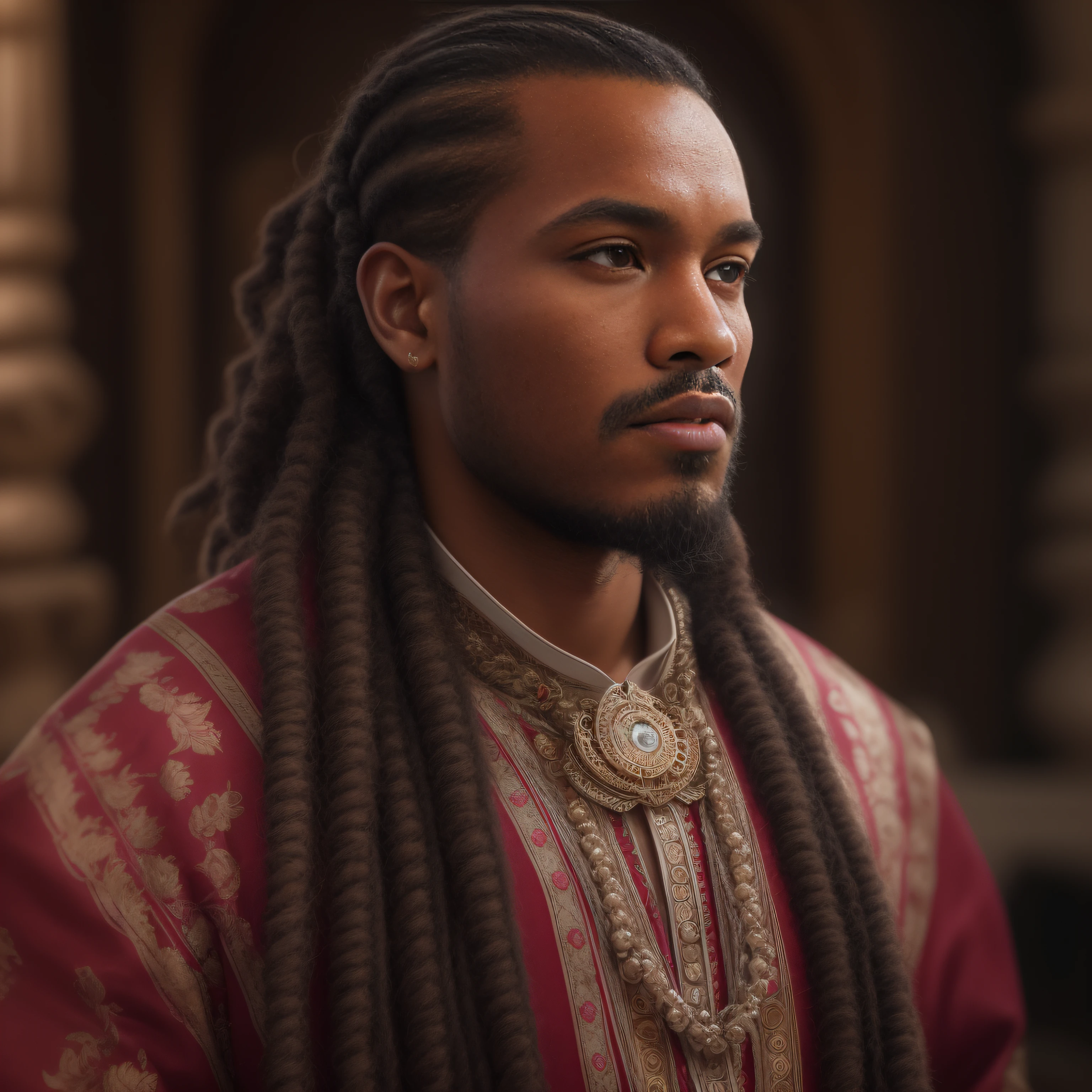 cinematic, photo, head and shoulder portrait photo, 1man, solo, malagasy nobleman, 28 years old, plump lips, long loose hair, dutch braids, short beard, long chin beard, serious, intense expression, athletic, rich regal traditional clothes, elaborate, intricate decorations, in a palace, Canon EOS 5D Mark IV, historical, fantasy, hyper detailed, accurate textures, realistic, skin pores