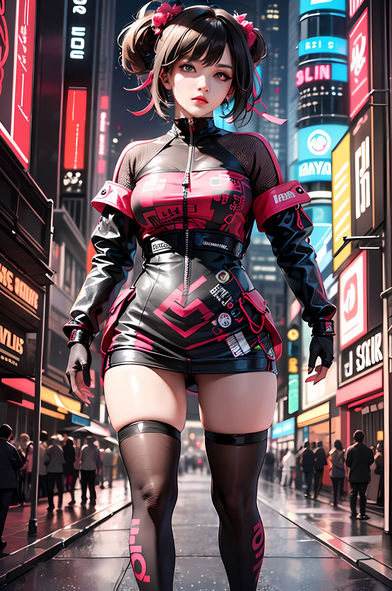 masterpiece, best quality, full body, 1girl, Confident girl with sassy expression, Harajuku-inspired pop outfit, bold colors and patterns, eye-catching accessories, trendy and innovative hairstyle, vibrant makeup, futuristic and dazzling cyberpunk cityscape, skyscrapers, neon signs, LED lights, bright and vivid color scheme, anime, illustration, detailed skin texture, detailed cloth texture, beautiful detailed face, intricate details, ultra detailed, photorealistic, cinematic lighting, depth of field f/1.8