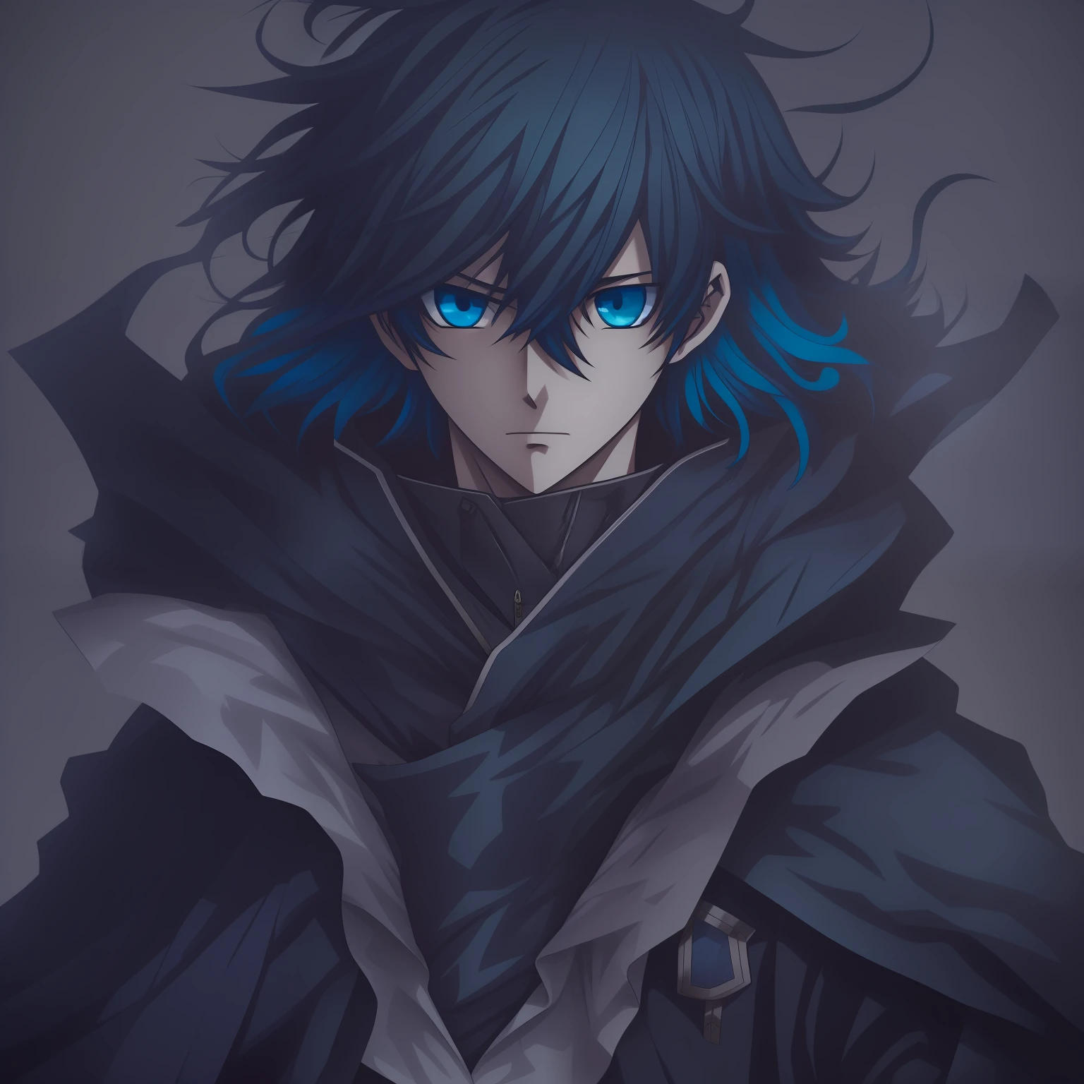 young anime guy, dark blue and blue hair, dark blue eyes, serious face, black cloak, edgy