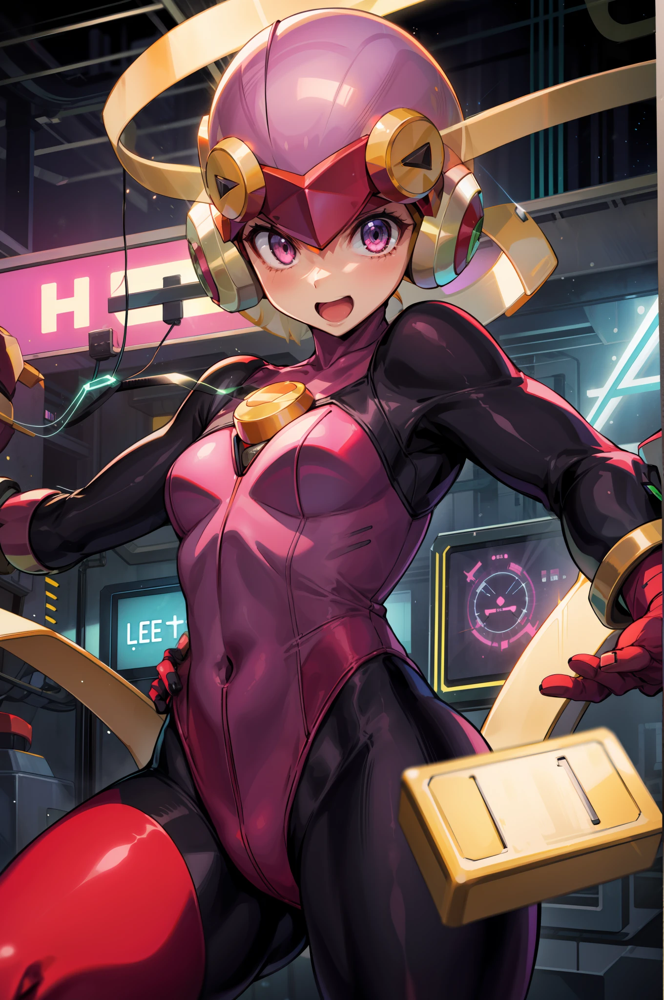 masutepiece,Best Quality,1girl in,roll_...exe_megamanbn,(helmets),Blonde hair,Long hair,Leotard,Pink eyes,Purple bodysuit,body suit,Eyes without light,moderate breast bulge,Thin laughter,nails with sharp fingertips,Tied to a machine,glowing circuit background,Black lightning strike