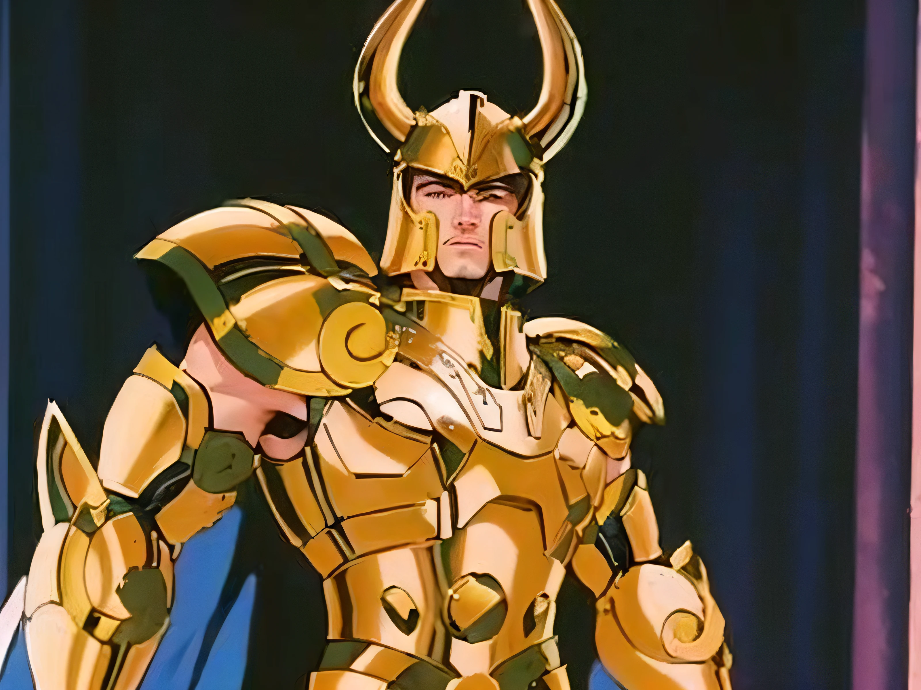 a closeup of a cartoon character with a horned head, usando armadura dourada, armadura dourada vestindo, Saint Seiya, Armadura de Ouro, armadura de ouro, Armadura Dourada, usando armadura dourada, Armadura Obsidiana de Ouro, armadura de ouro elegante, Armadura dourada, vestindo armadura de gato dourado, Armadura dourada brilhante, armadura de ouro lisa, draconic looking armor, Armadura dourada do corpo