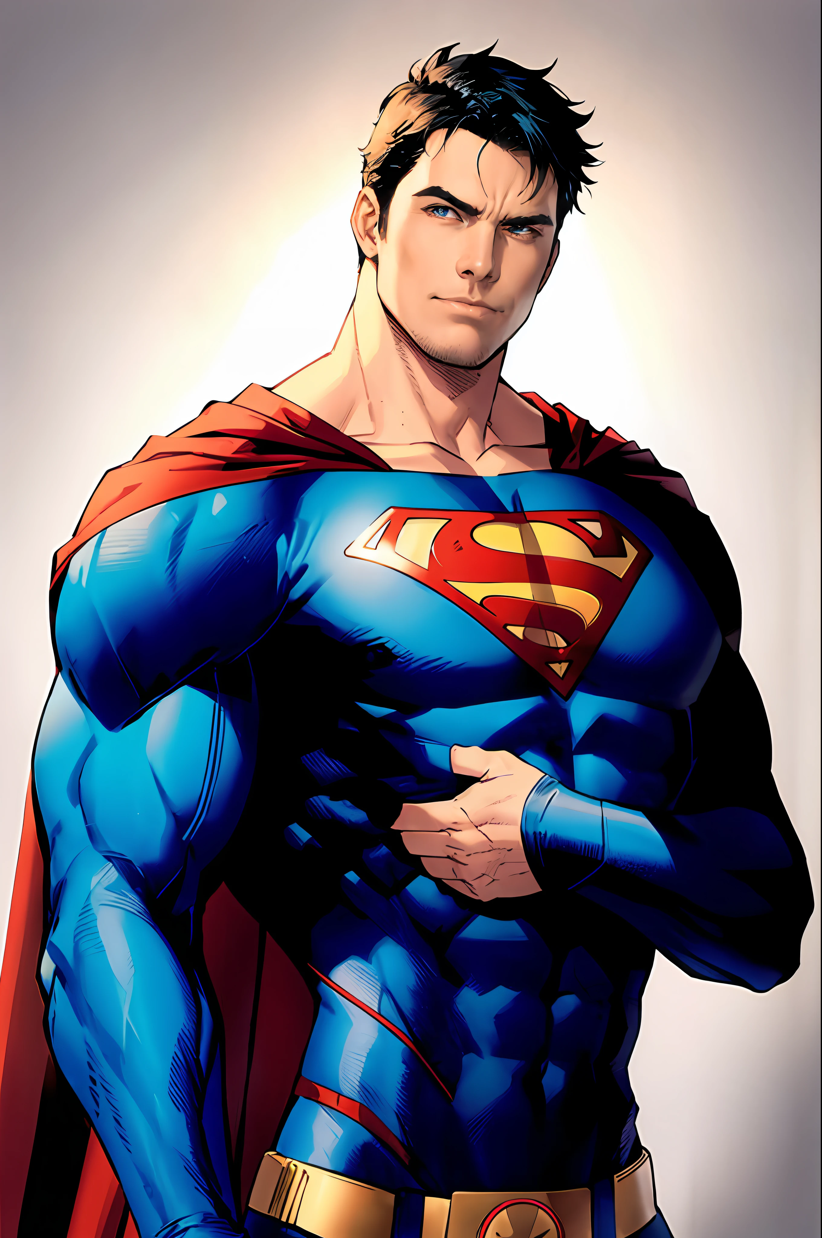 jim lee, 1boy, superman abs, bara, black hair, blue bodysuit, blue eyes, bodysuit, cape, closed mouth, crossed arms, large pectorals, male focus, muscular, muscular male, pectoral lift, pectorals, red cape, short hair, simple background, solo, superhero, upper body,flat style , ((masterpiece)), Alexander McQueen,