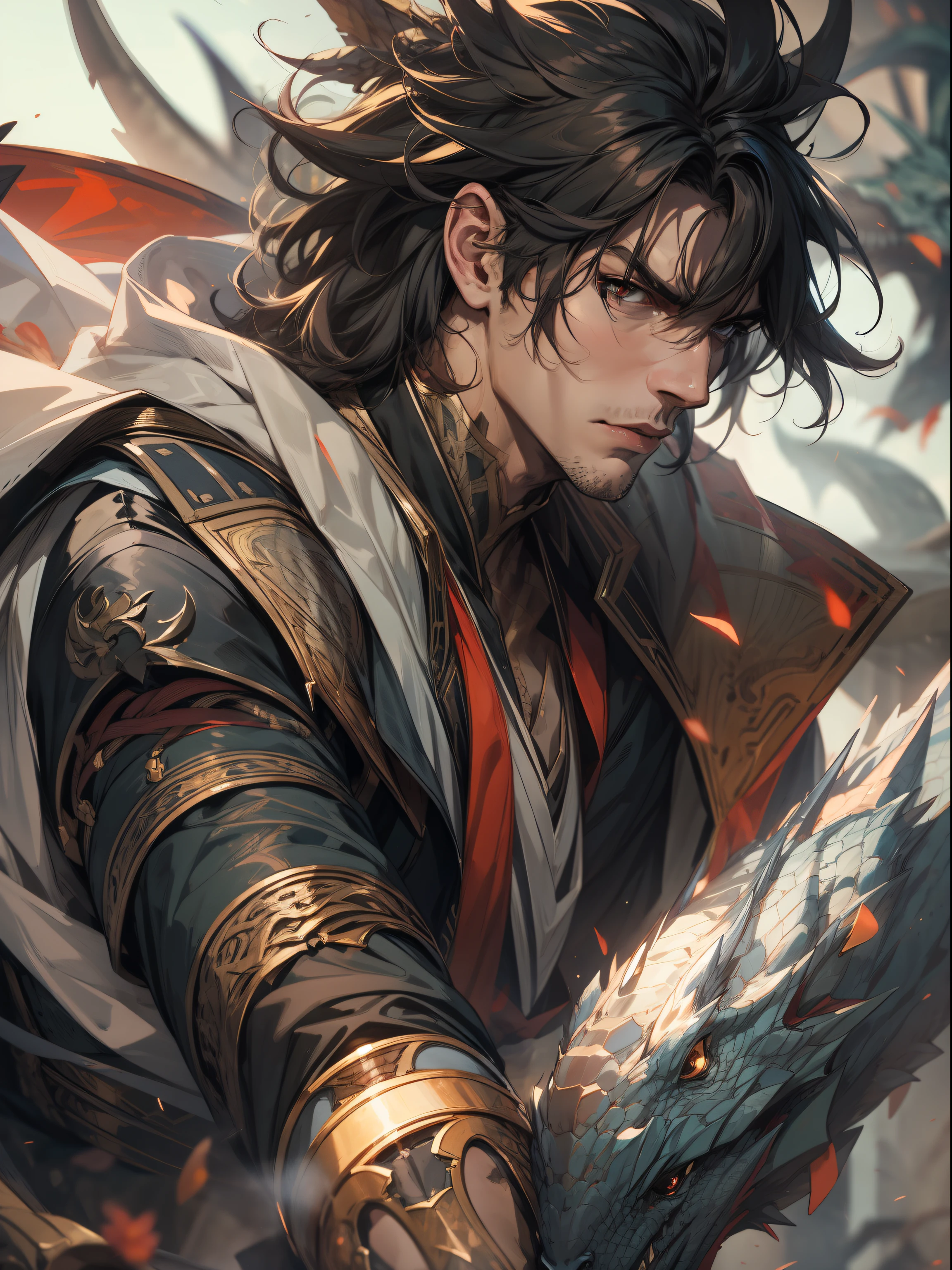anime drawing, a handsome man dragon hunter, expression serious, close-up intensity, masterpiece, best quality, ultra-detailed, cinematic beautiful lighting, intricate details, looking at viewer, depth of field-ar 2:3-s 200