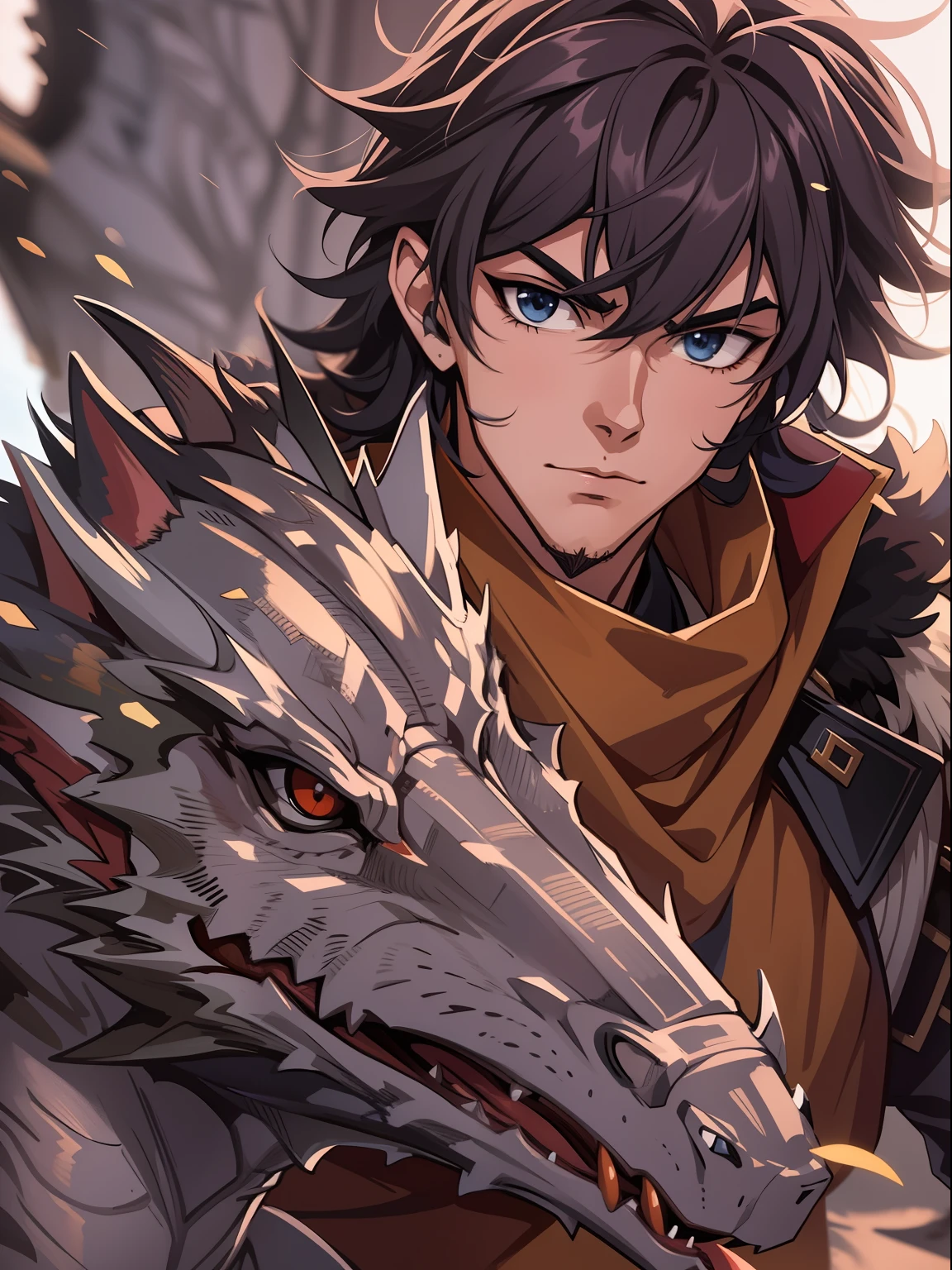 desenho de anime, a handsome man dragon slayer, expression serious, intensidade de close-up, master part, best quality, ultra-detalhado, Beautiful cinematic lighting, detalhes intrincados, Olhando para o Viewer, Profundidade de campo-AR 2:3-s 200