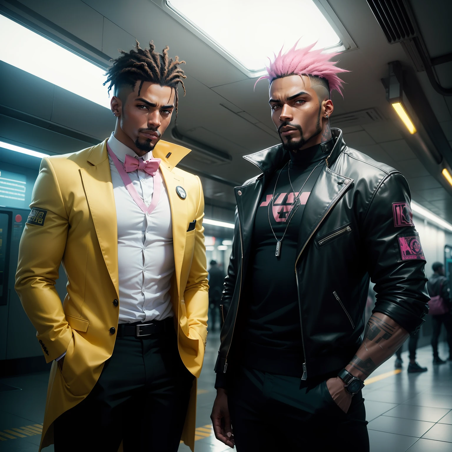 I'd like a cyberpunk style image in 4k average photo of two black characters ,homem e mulher ,portanto,africano, forte, musculoso,Bodybillder,muito forte de pele negra ,barba grande,barba, Estiloso Barbon,com cabelo punk estilo anos 80 na cor amarelo e cinza escuro,muito eLegante,, futurista e estiloso neon , com uma tatuagem super colorida e com neon ,Toattoo, facing a metro station on the platform , with station lights failing in a dimly lit environment, standing dressed in a dark yellow suit with a pink bow tie and baggy shirt.