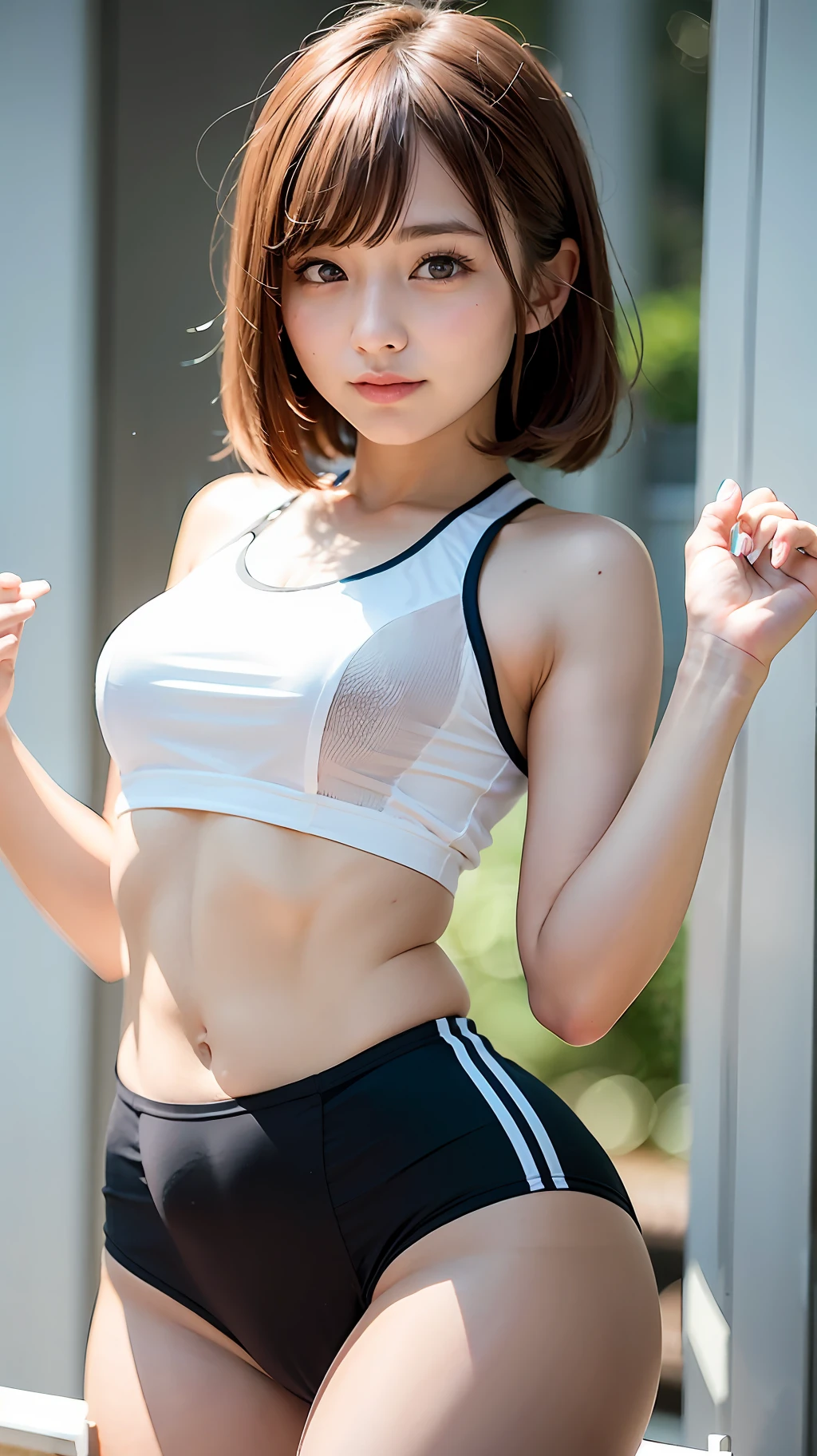 Before the start of track and field sprinting、（White uniform for athletics）、{Exposed tank top、Wearing high-leg bloomers}、（abdomen exposure）a closeup、cosplay foto、Anime Cosplay、middlebreasts、Raw photography, top-quality, hight resolution, (​masterpiece), (Photorealsitic:1.4), professional photograpy, foco nítido, nffsw, 8K分辨率, intricate detailes,  depth of fields, extremely detailed CG Unity、8k wallpaper, front lit, girl with, （kawaii）、beautiful supermodel, A smile、Short bob hair、A slender、Free Pose、dynamic ungle