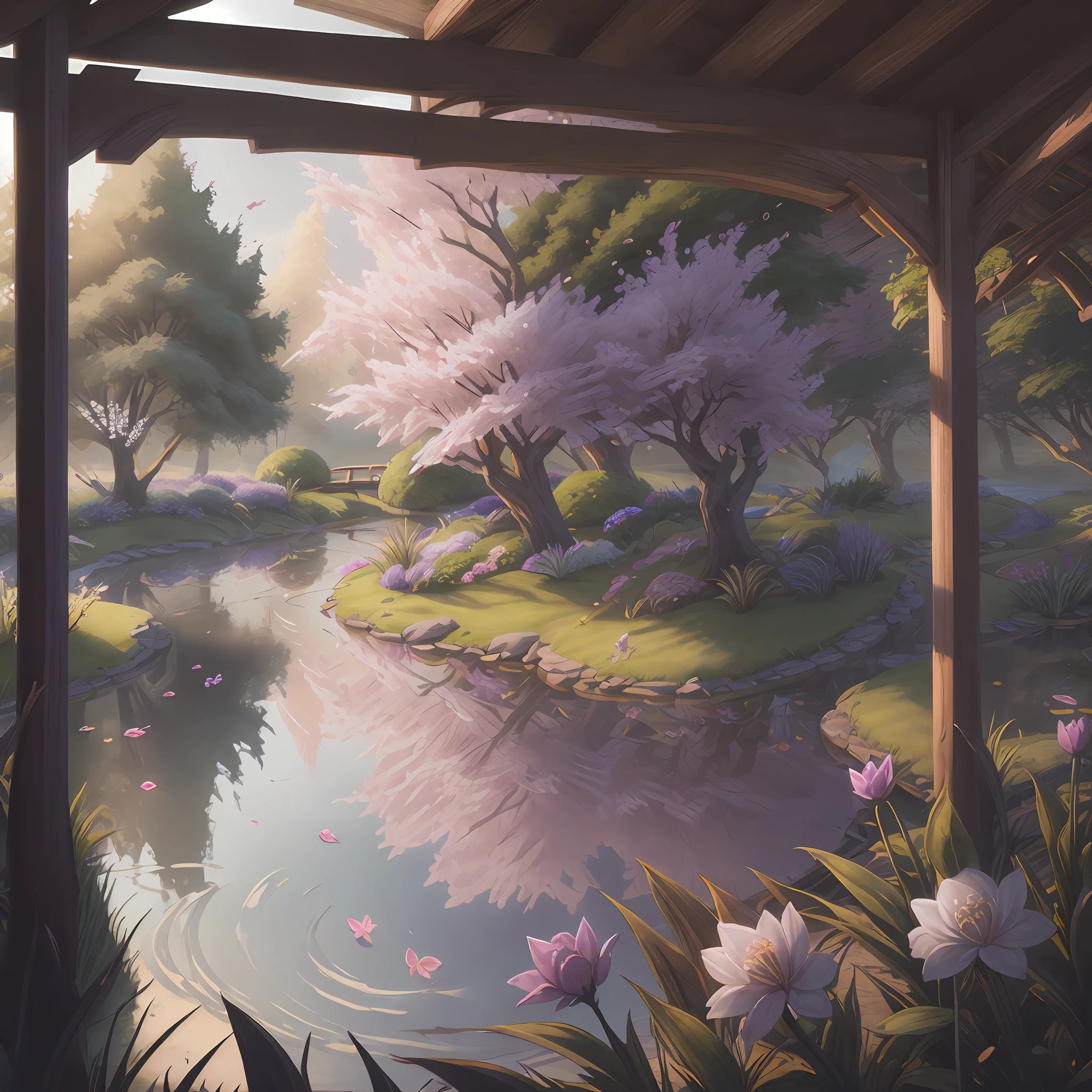 (digital painting),(best quality), serene Japanese garden, cherry blossoms in full bloom, koi pond, footbridge, pagoda, Ukiyo-e art style, Hokusai inspiration, Deviant Art popular, 8k ultra-realistic, pastel color scheme, soft lighting, golden hour, tranquil atmosphere, landscape orientation