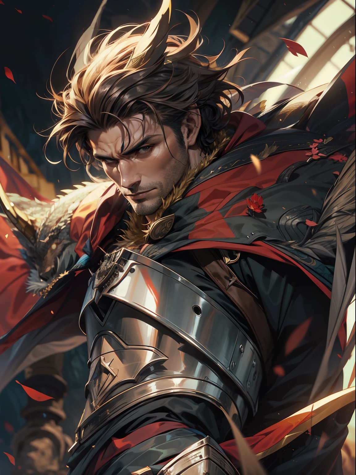 capa de jogo, a handsome man dragon slayer, expression serious, intensidade de close-up, master part, best quality, ultra-detalhado, Beautiful cinematic lighting, detalhes intrincados, Olhando para o Viewer, Profundidade de campo-AR 2:3-s 200