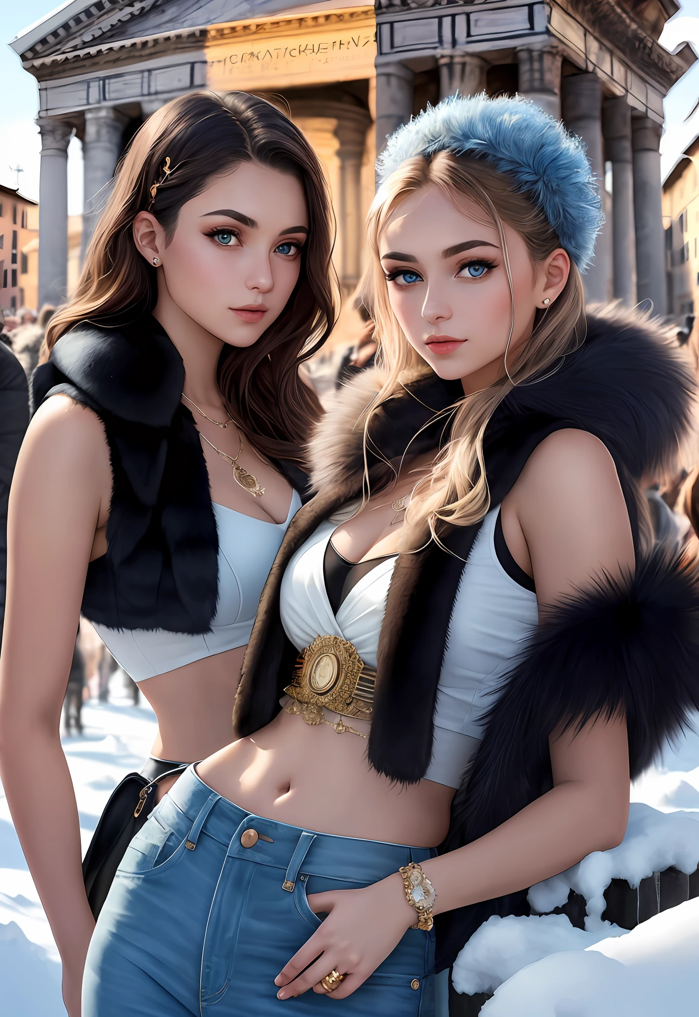 (Positive focus, Original photo), (2girls,duo,navel,Enter the Pantheon in Rome,crowd,winter,Snowy),Surrealistic Female Portraits by David Hockney and Alphonse Mucha, Fantasy art,Wear gorgeous furs, (Blue pupil: 1.4, shiny pupils: 1.4, Big eyes: 1.1), Photo fidelity, Dynamic lighting, Art Station, poster for, voluminetric lighting, Very detailed face, 4K, Award-winning, Shadows, understated, (official outfit: 1.4, Gorgeous fur, Complex clothing, Furs), Looking at the camera, Bust Up Shot, (Realistic face)),