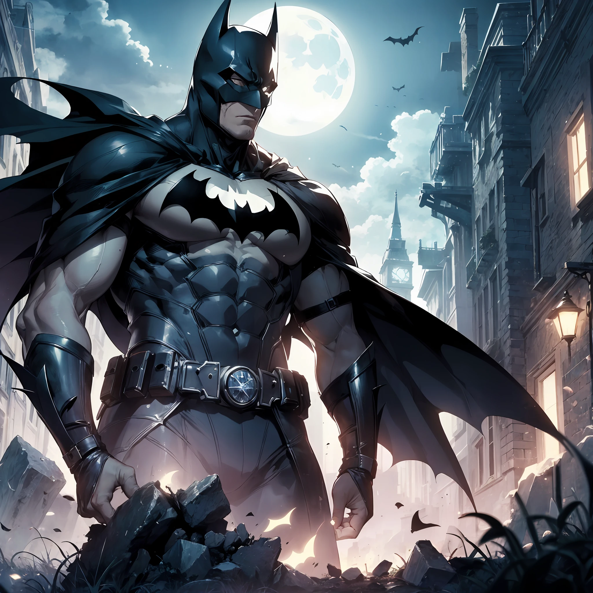 Batman of the Dark Knight he is imposing in a lost Gothic city. Moonlight highlights your muscles and scars. The scenery is lush and mysterious, com tecnologia futurista e arredores. The camera details everything --auto
