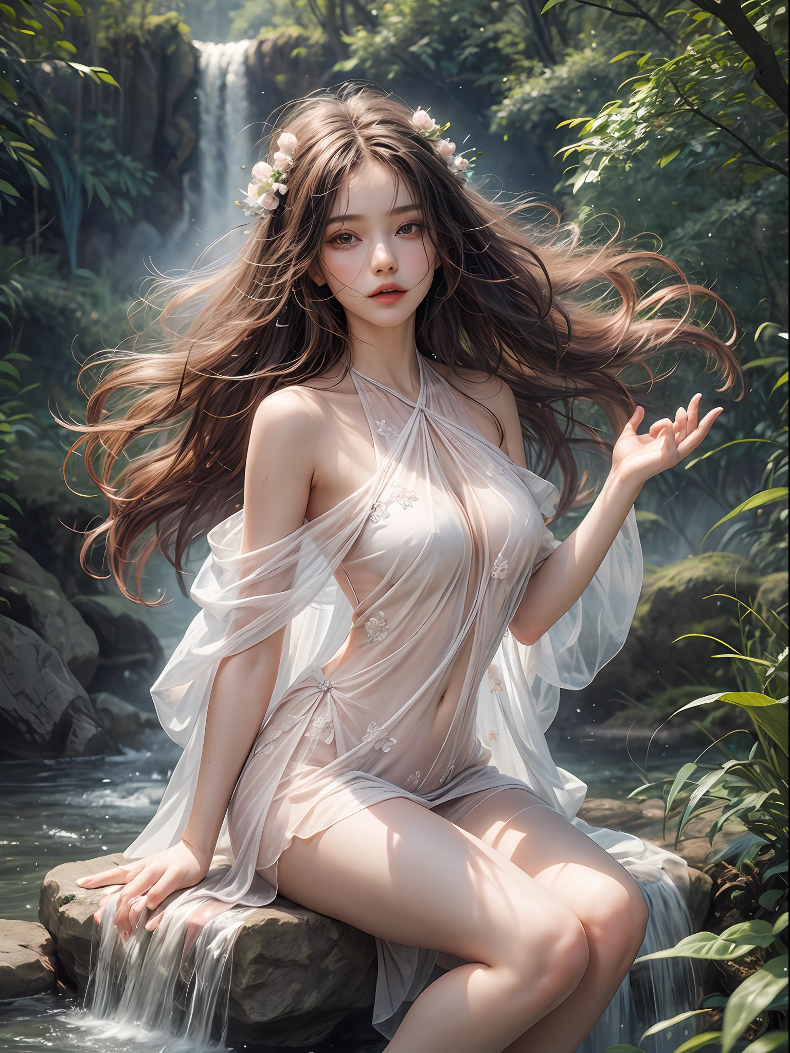 Holding a pale pink floral see-through stole with both hands、Swaying in the wind。Wearing a white see-through halter neck dress with loose navel skin。Skirt flutters in the wind and spreads。Dynamic Posing。Dancing Poses。
Loose clothing shows shoulders。Very beautiful girl at 19 years old。
Hair swaying in the wind。 masutepiece、Best Photoreal、portlate、Sheer clothing、wetted skin、Wet hair、Sexy look、Functional、Bewitching、Clothes with an open back、Oblique composition、Waterfall in the forest、Sit on the rocks、Cross your legs、Having a bouquet、holding flower bouquet、