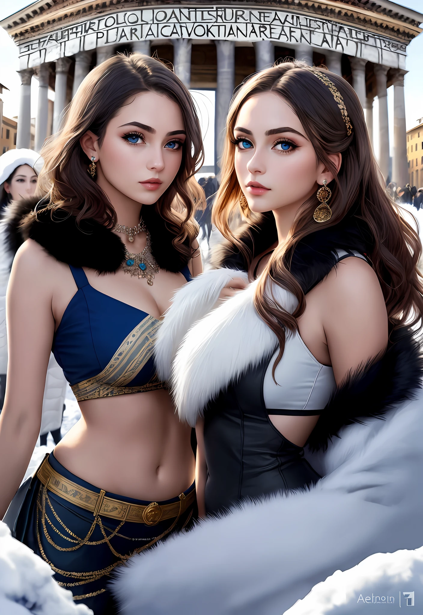 (Positive focus, Original photo), (2girls,duo,navel,Enter the Pantheon in Rome,crowd,winter,Snowy),Surrealistic Female Portraits by David Hockney and Alphonse Mucha, Fantasy art,Wear gorgeous furs, (Blue pupil: 1.4, shiny pupils: 1.4, Big eyes: 1.1), Photo fidelity, Dynamic lighting, Art Station, poster for, voluminetric lighting, Very detailed face, 4K, Award-winning, Shadows, understated, (official outfit: 1.4, Gorgeous fur, Complex clothing, Furs), Looking at the camera, Bust Up Shot, (Realistic face)),