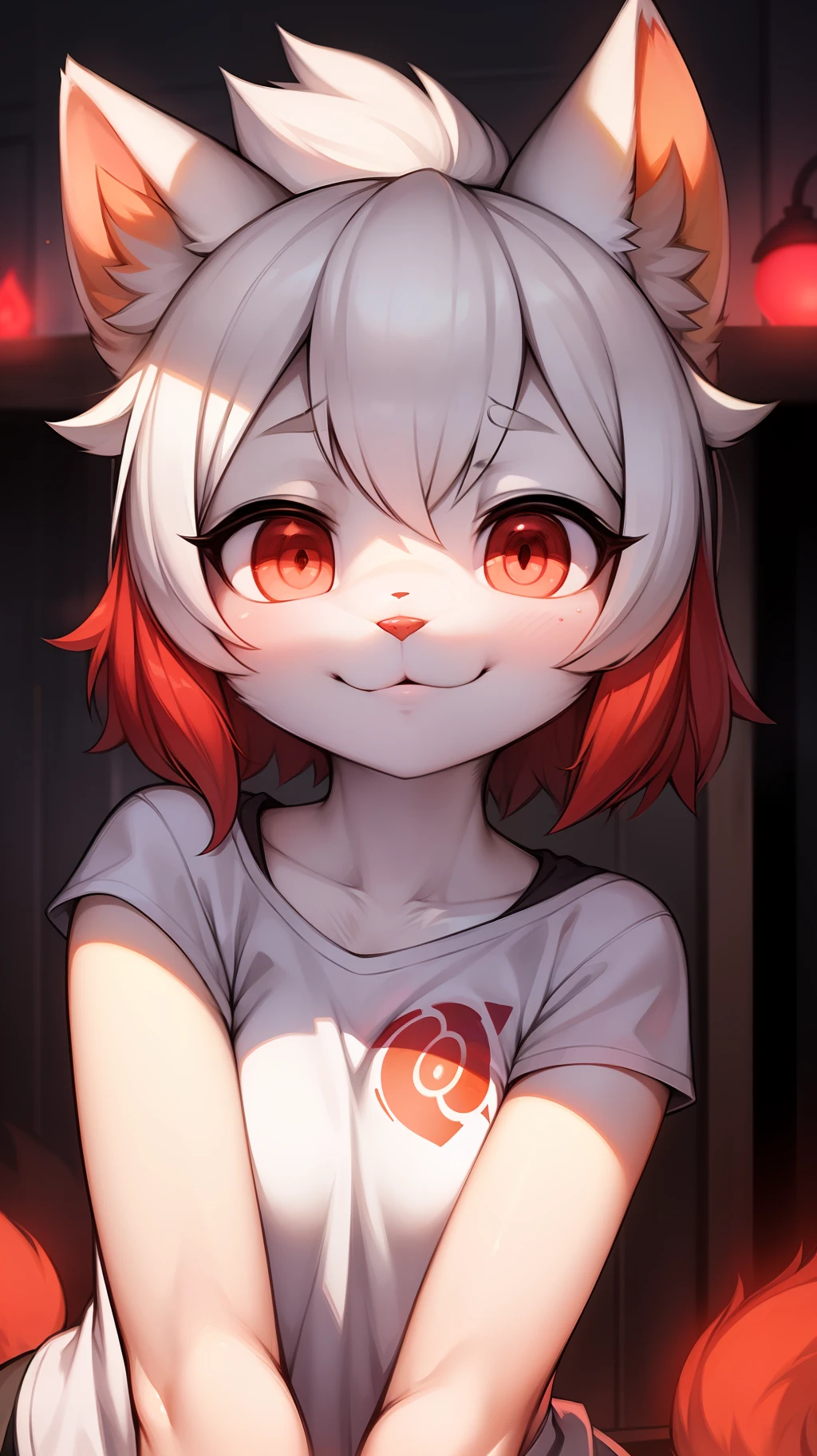 furry, white fur, ultra cute face, red elements on fur, glowing t-shrt, beautiful lights and shadows, ambient light, ultra detailed fur, volumetric light