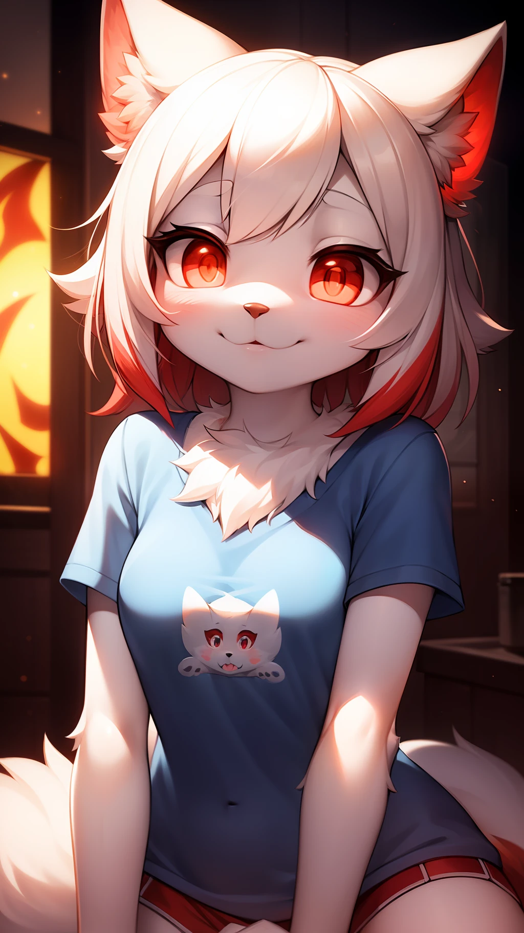 furry, white fur, ultra cute face, red elements on fur, glowing t-shrt, beautiful lights and shadows, ambient light, ultra detailed fur, volumetric light