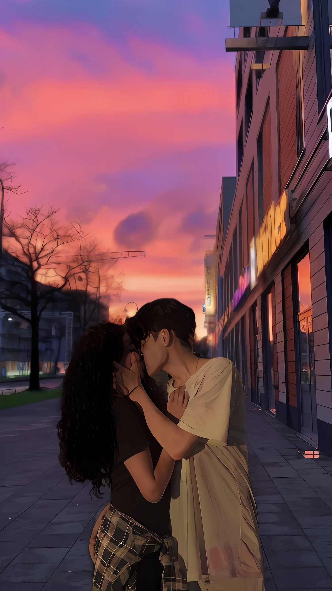 There is a man and a woman kissing in the street, beijando juntos fofos, with sunset, gorgeous romantic sunset, Durante a Hora Dourada, in the sunset, at a beautiful sunset, tirada na hora dourada, casal se beijando, Beautiful and Aesthetic, beijos juntos, beautiful aesthetics, ❤🔥🍄🌪, with a sunset, Directed by: Micha Klein, Beautiful, beijo lindo