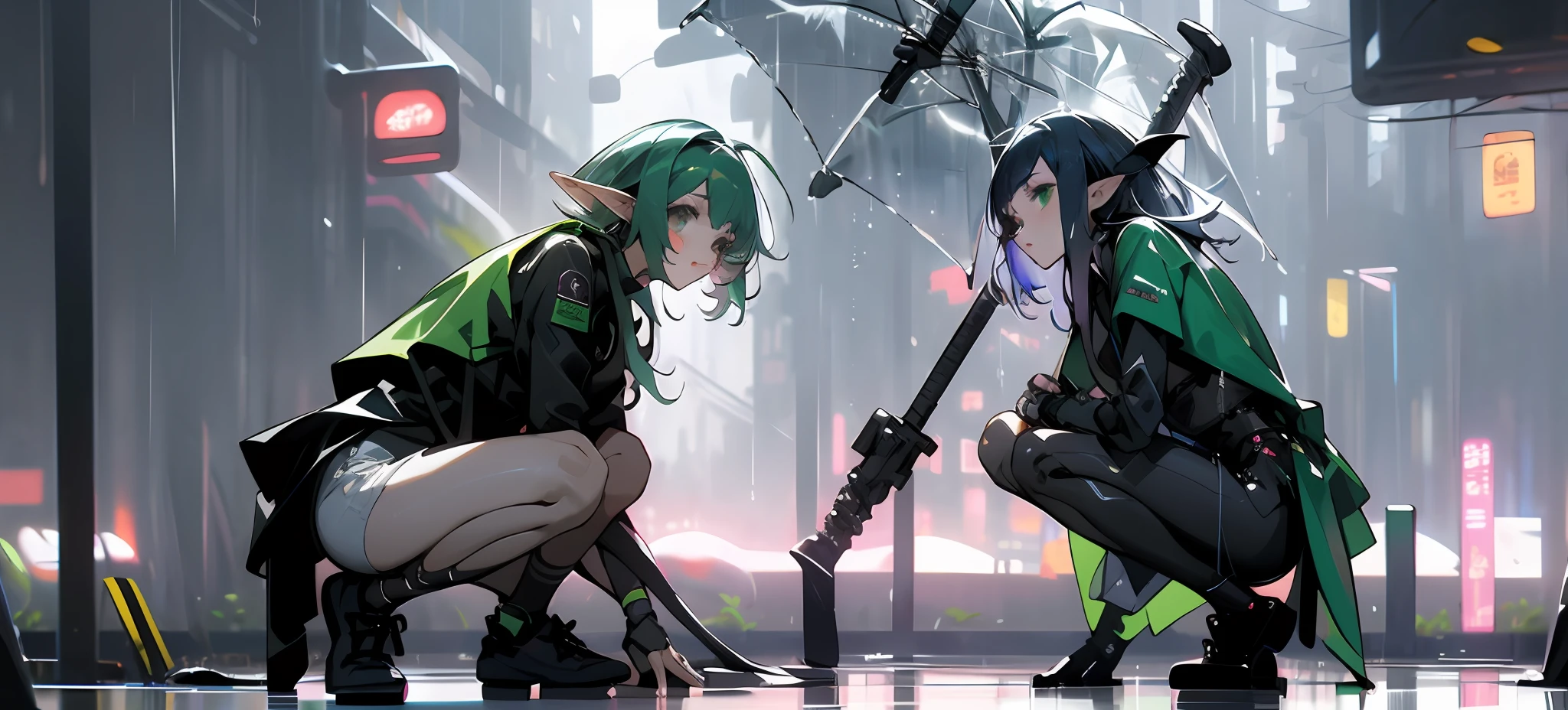 the elf，s girl，squatting pose，Emerald green eyes，The hair is green，cyber punk perssonage，rainy days
