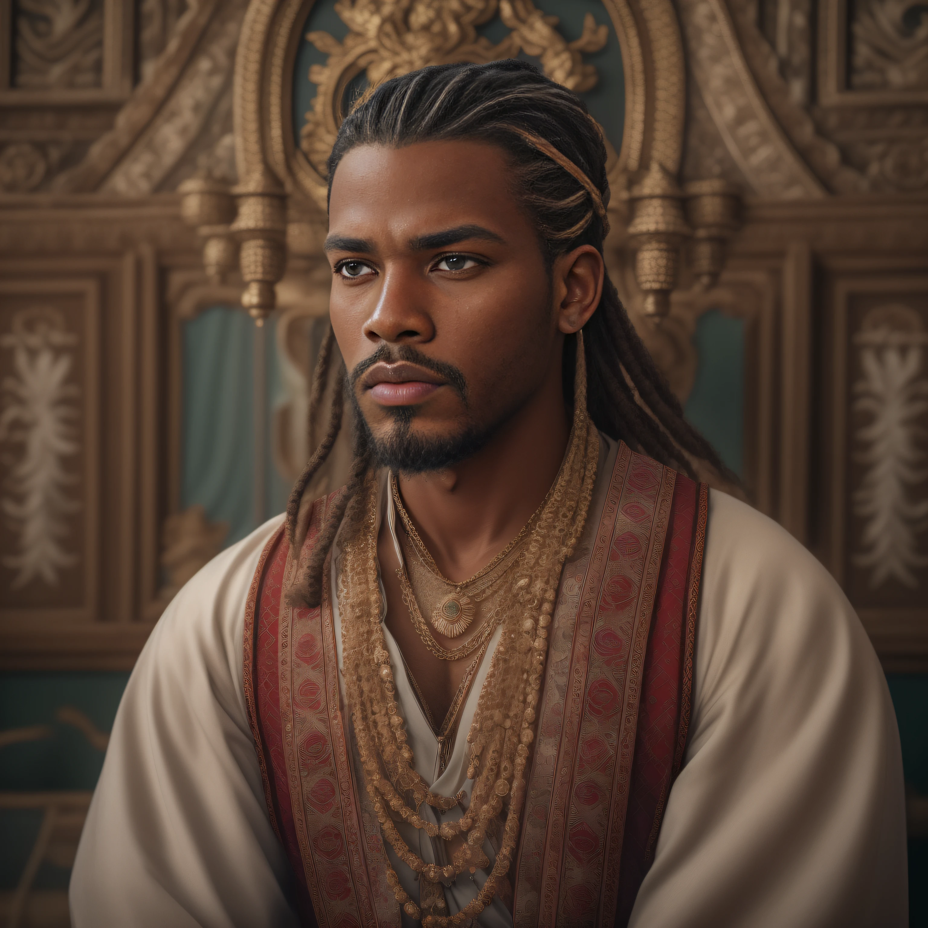 cinematic, photo, head and shoulder portrait photo, 1man, solo, malagasy nobleman, 28 years old, plump lips, long loose hair, dutch braids, short beard, long chin beard, serious, intense expression, athletic, rich regal traditional clothes, elaborate, intricate decorations, in a palace, Canon EOS 5D Mark IV, historical, fantasy, hyper detailed, accurate textures, realistic, skin pores