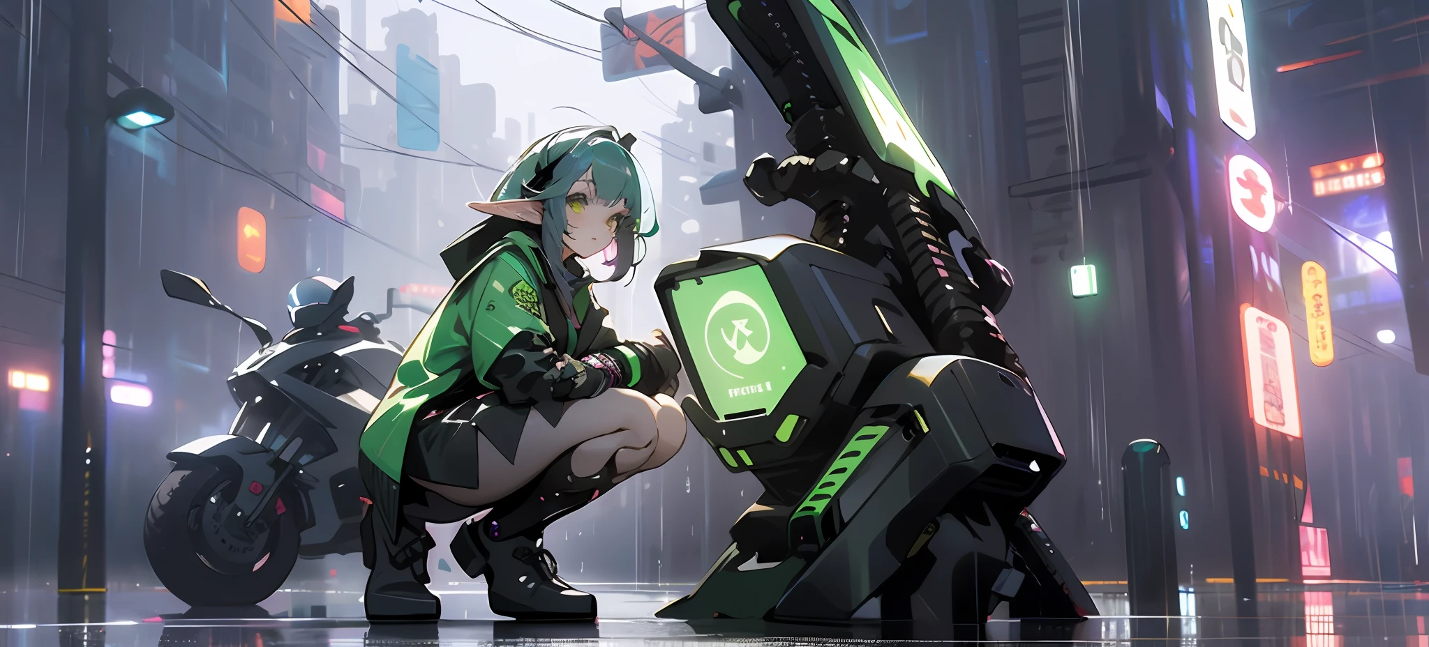 the elf，teens girl，squatting pose，Emerald green eyes，The hair is green，cyber punk perssonage，rainy days
