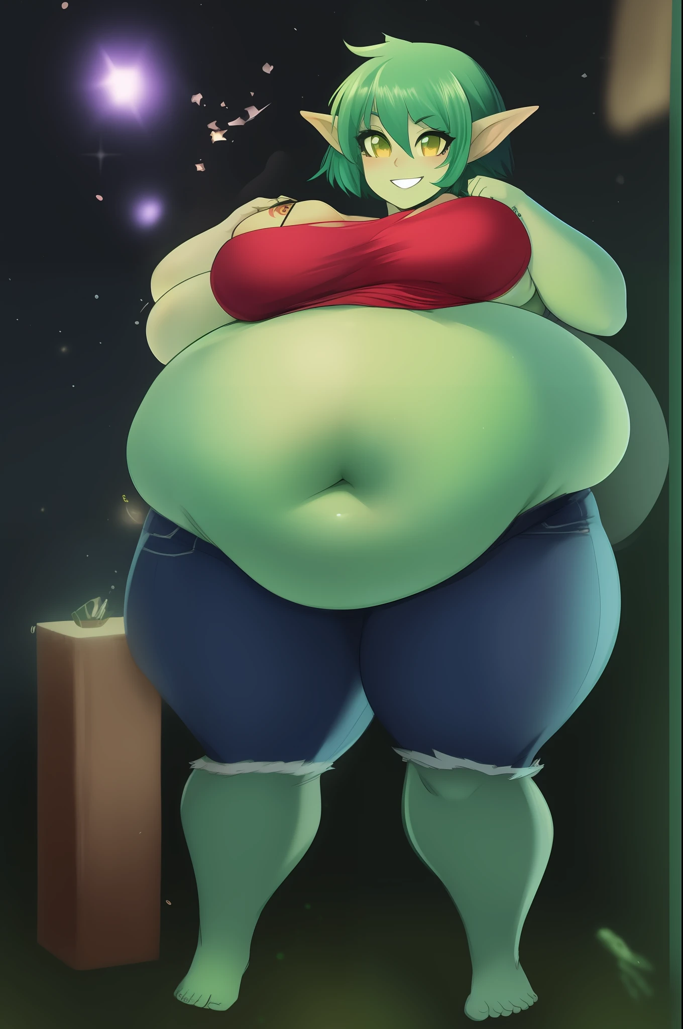 full body, goblin girl, short stack, shorty, sharp detail, colourful, vignette, particles, tattoo, colorful, anime style, novel illustration, beautiful, digital painting, big expressive eyes, happy smile, excited, hyper, big belly, wide hips, big boobs, green skin