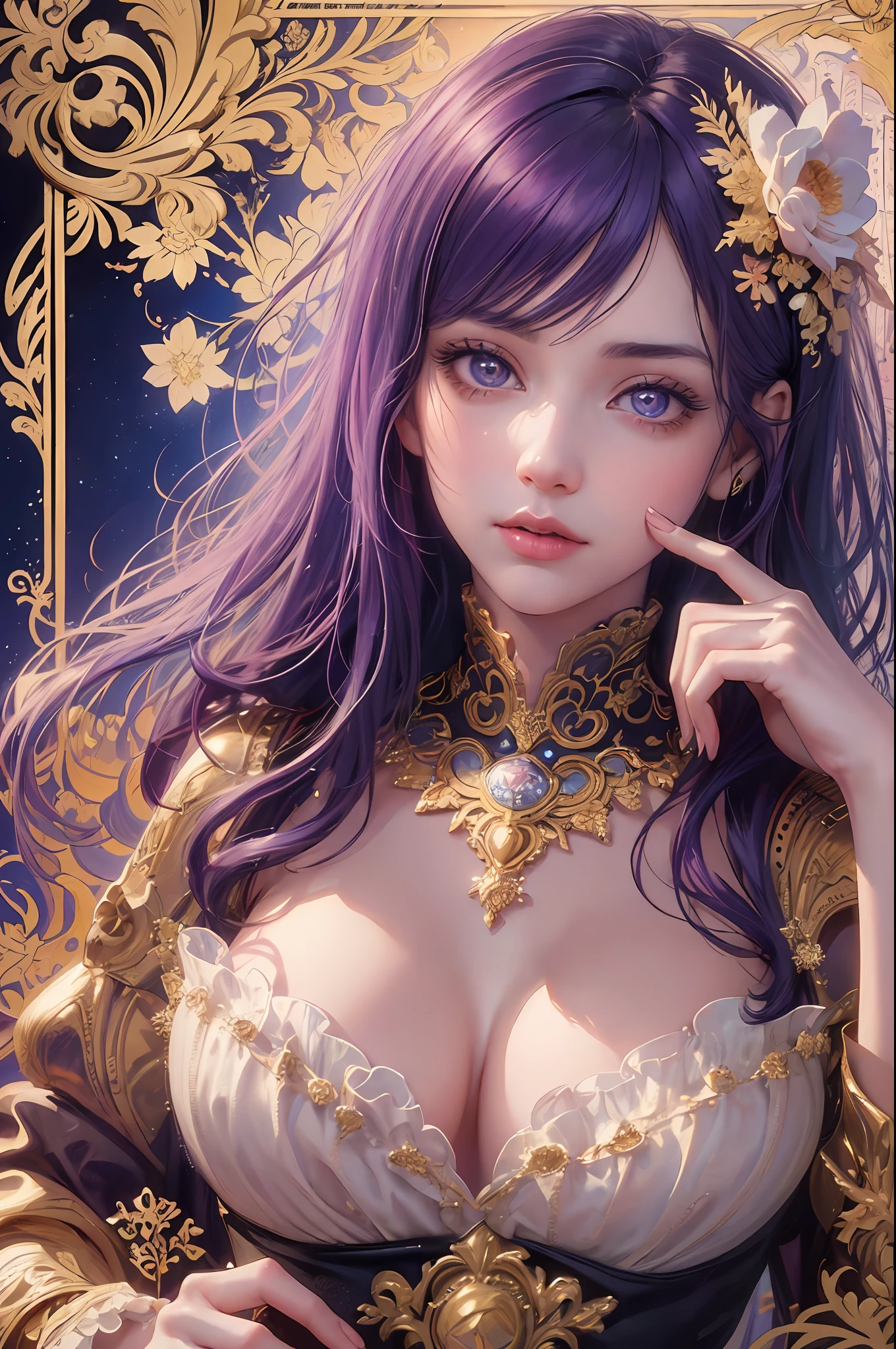 Official art, Unity 8K wallpaper, super detailed, beautiful aesthetic, beautiful, masterpiece, top quality, (Zentangle, Mandala, Tangle, Entangle, entangle, entangle, entangle), the most beautiful chaotic shape, one girl, very detailed, (fractal art: 1.3), cute European shorthair cat red in a Victorian cup, beautiful flowers around, bright and colorful, Saturated vintage, beauty looks painter. "This is a work by Kazuo Inuitsuki, in which the greatest painter in human history meets an unparalleled beauty and riskes his life to depict the most beautiful figure. An art style that combines the elegance of line art with the vividness of watercolor. The artwork is very detailed, with sharp focus and smooth transitions. The overall feel is dynamic and highly sophisticated, influenced by the works of Carne Griffith, Vadim Qasim and Carl Larsson. In the style of Carne Griffith (intricate and flowing linework), Vadim Qasim (bold use of color and texture), Carl Larson (light and airy composition) and Pascal Blanche (ultra-realistic character design and matte painting technique). The camera angles are dramatic and expressive, and the artwork captures the essence of matte painting concept art. The golden ratio is used to create a balanced composition, and the overall feel is very sophisticated and elegant. This style is trending on CGSociety and Artstation, perfect for production cinematic character renderings and intricate artwork masterpieces. The main woman must be delicately detailed and vividly expressed, especially characteristic of purple hair, luxurious ornaments, gorgeous hair ornaments, beautiful fingertips, and purple eyes. The highly realistic depiction takes decades to depict with delicate detail, meticulousness and meticulousness, making it the greatest masterpiece in human history."