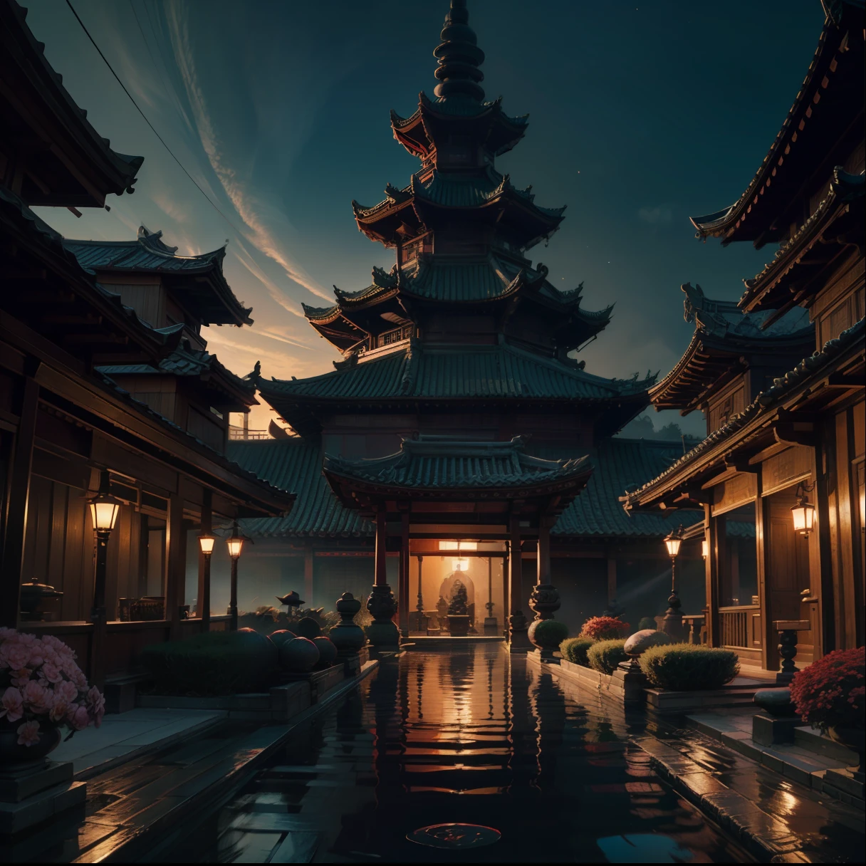 Secret red lotus garden, cinematic lighting, masterpiece, trending on artstation