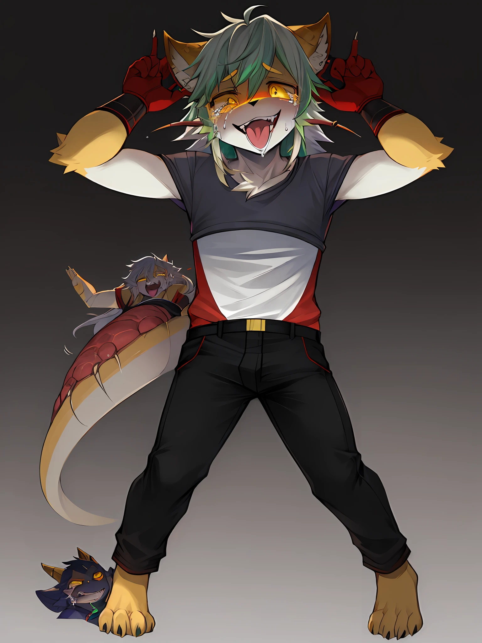 tmasterpiece, Best quality at best, Dragon Man, 独奏, Yellow eyes, Gradient color eyes, Green hair, White hair, Gradient hair, The shirt, trouser, Tears, Be red in the face, dreads, Scream, teeth, Wicked smile, Laugh in despair, Tongue sticks out, Haha, with her mouth open, roll eyes, head looking up, full bodyesbian, Itching of the armpits, Arms up, (Torso grab, Tickle, mitts, Mechanical limb:1.2,Scratch your feet), TKL,Male genital organs,Tickle,TKL