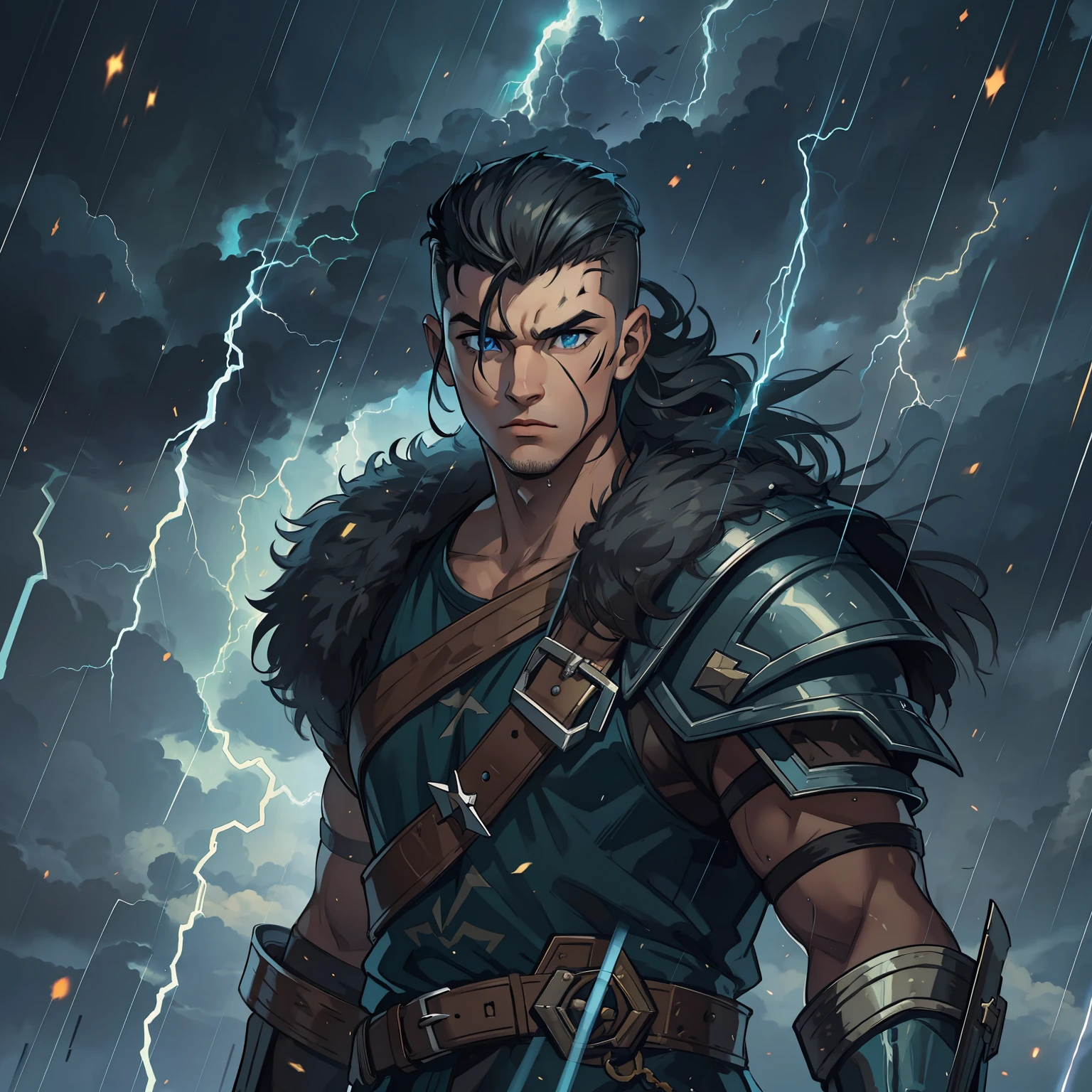 A handsome young man with an effeminate face and blue eyes and medium-sized black hair with the side of his hair shaved off the side of his head with his hair shaved, This young man is a warrior, He wears a battle suit and is in the middle of a storm, no topo de uma montanha, Like a Prince of Thunder, the sky lit by lightning in the storm, eletricidade pelo seu corpo, thunders, Magic, He is like a God of Thunder, Como Thor, He's a age warrior, magical dark sky, nuvens negras no meio de uma tempestade, water, Rain and Thunder An Art for an RPG A Medieval Art for an RPG, side of shaved head, Sidecute Shavedfad,