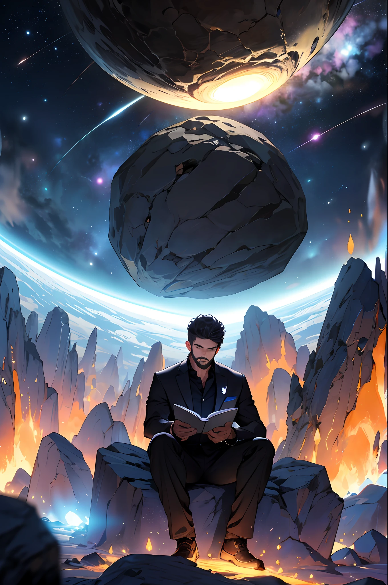 Draw a young programmer, sitting on a research platform floating in the middle of an asteroid belt. He is studying with a notebook, surrounded by several asteroids glowing with fiery auras. Dramatic lighting from distant stars and planets illuminates the scene, casting deep shadows on the suit. The young man looks confident and determined, looking at the vast and mysterious universe with wonder and respect,facial hair, cowboy shot,