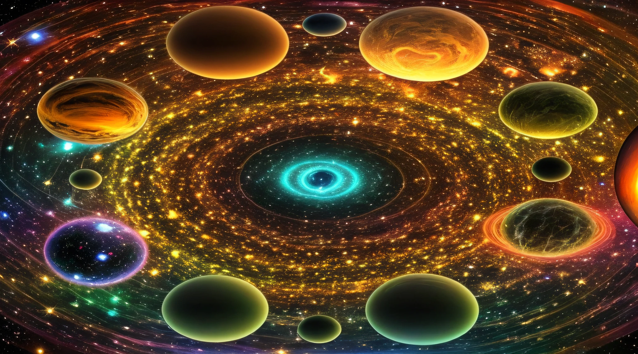 Imagine a vast universe composed of a multitude of parallel realities, each with its own unique characteristics. Your task is to create an image that captures the essence and complexity of the multiverse.