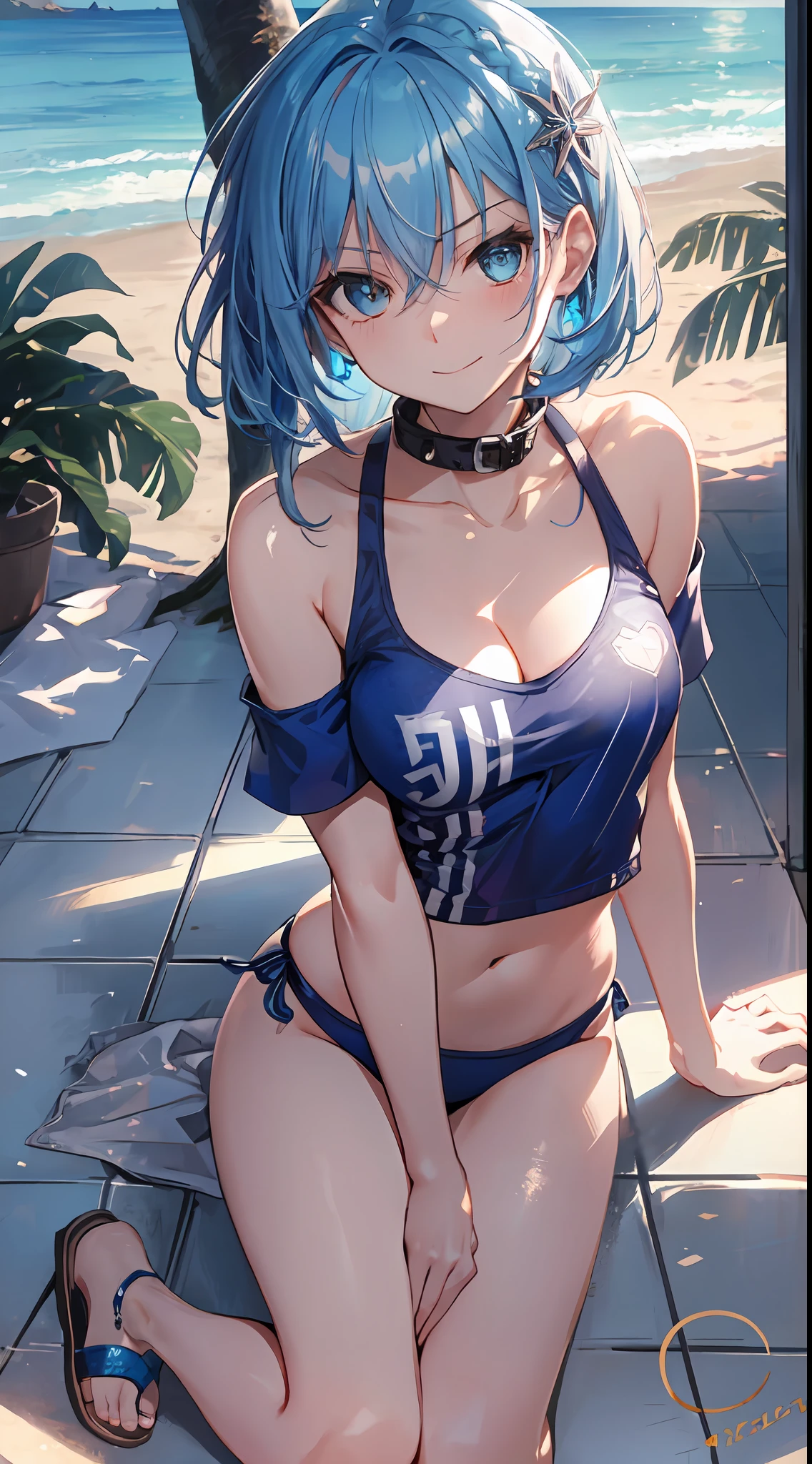 (NSFW:1.2), (8K, Raw photography, Top image quality, A masterpice: 1.4), super highly detailed, (Realstic, photorealestic: 1.48), 1girls, Solo Focus, type moon style, Kyoto Animation Style, short-length hair, (blue hairs:1.7), Blunt bangs, Hair Between Eyes, Clear eyes, side locks, White hair, Shiny hair, beautiful detailed cold face, Seductive smile, Angry, complex details beautiful and delicate eyes, bare_shoulders, Small_Breasts, Gray eyes, White skin, Hair Ornament, (((T-shirt))), swim ring, swimsuit, beautiful bare back, Sandals, Skindentation, collar bone, bare_Legs, beach, Beautiful detailed sky, White sand, tree, very precise details, absurdist, Extremely detailed, 16k wallpaper,remrezero