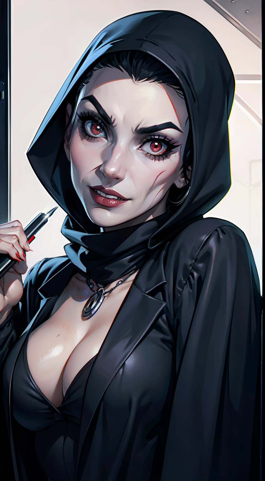 (papel de parede 8k extremamente detalhado obra-prima), Tema escuro, Vampire the Masquerade, terror moderno, horror moderno, current season, anos 2020, mulher madura, feia, hacker, ((Vampira Nosferatu)), vestindo camisa estampada, foco nítido, (subsurface scatter:1.1), fotografia premiada, rosto centralizado, rosto feio, tiro de meio corpo frente:1.1, headscarf covering hair, olhos verdes, curious expression, dentro de navio com diversos monitores de computador e notebooks ligados, lighting dramatic