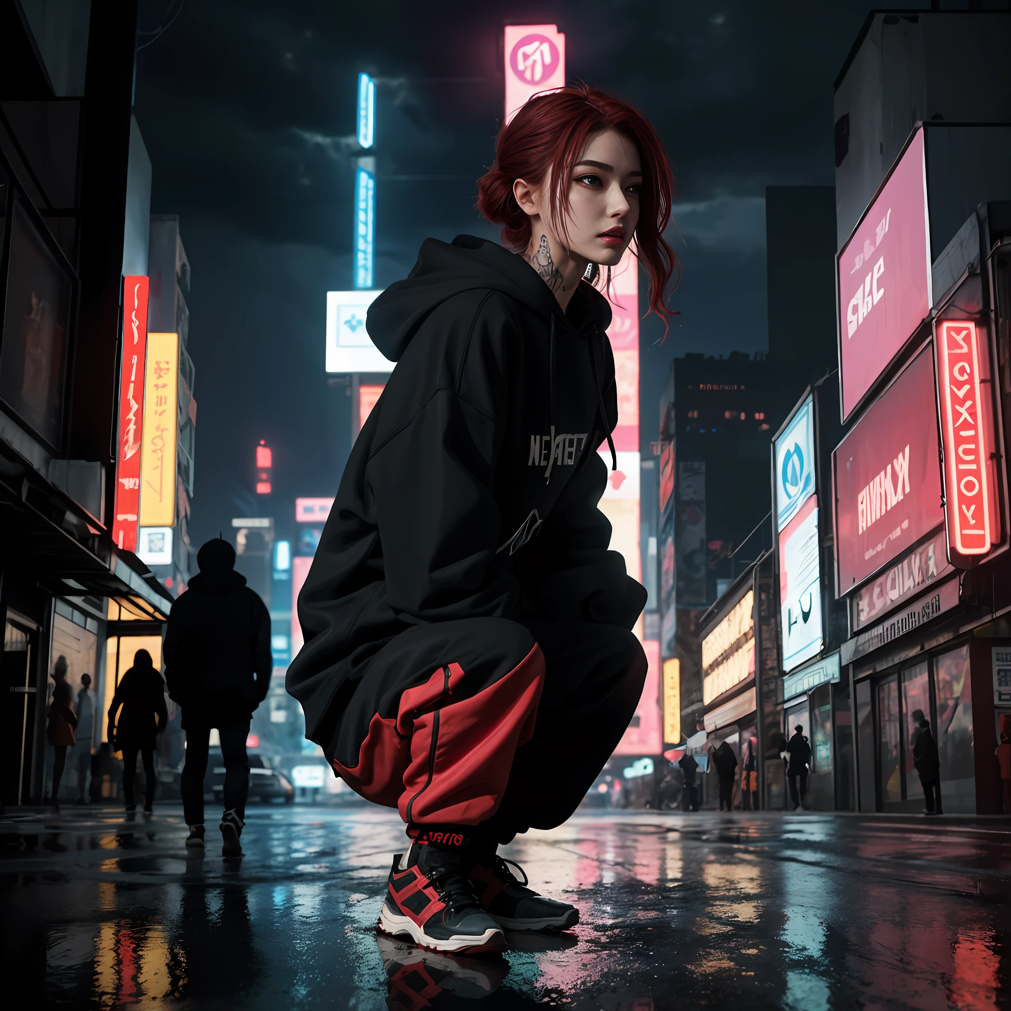 Best quality, Masterpiece, Cinematic, Realistic, Cyberpunk, Cyberpunk city, neonlight, voluminetric lighting, Black sky, (Rained, thunderstorm), 1girll, (Cyberpunk clothing, Hoodie, Pants, punk clothing), (Flowing red hair), Water is reflected on the ground, from the front side, ((Hidden Face)),