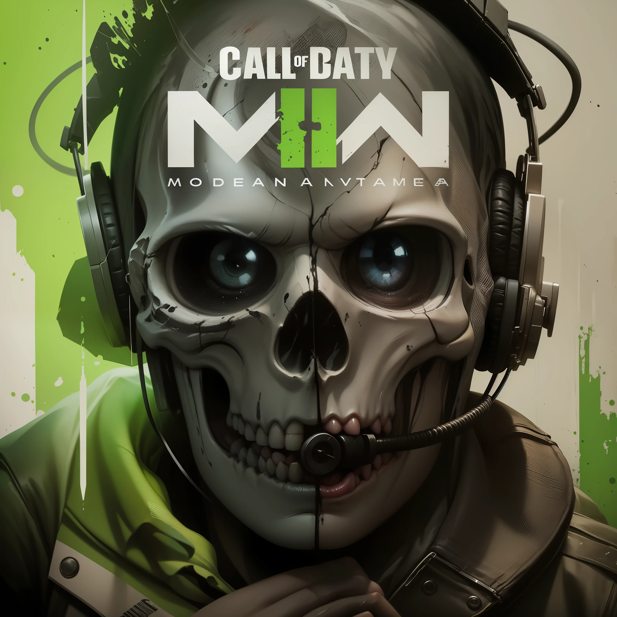 a closeup of a skull with a headset on a poster, guerra moderna, arte da caixa, call of duty, cartaz do jogo, Arte da sede, arte chave do jogo, capa do jogo, arte oficial, bacalhau, arte chave, capa de videogame, Cartaz Promocional do Jogo, Arte Promocional, tela de carregamento", boxart, vista de close-up, official poster artwork, arte da capa do jogo, arte oficial splash