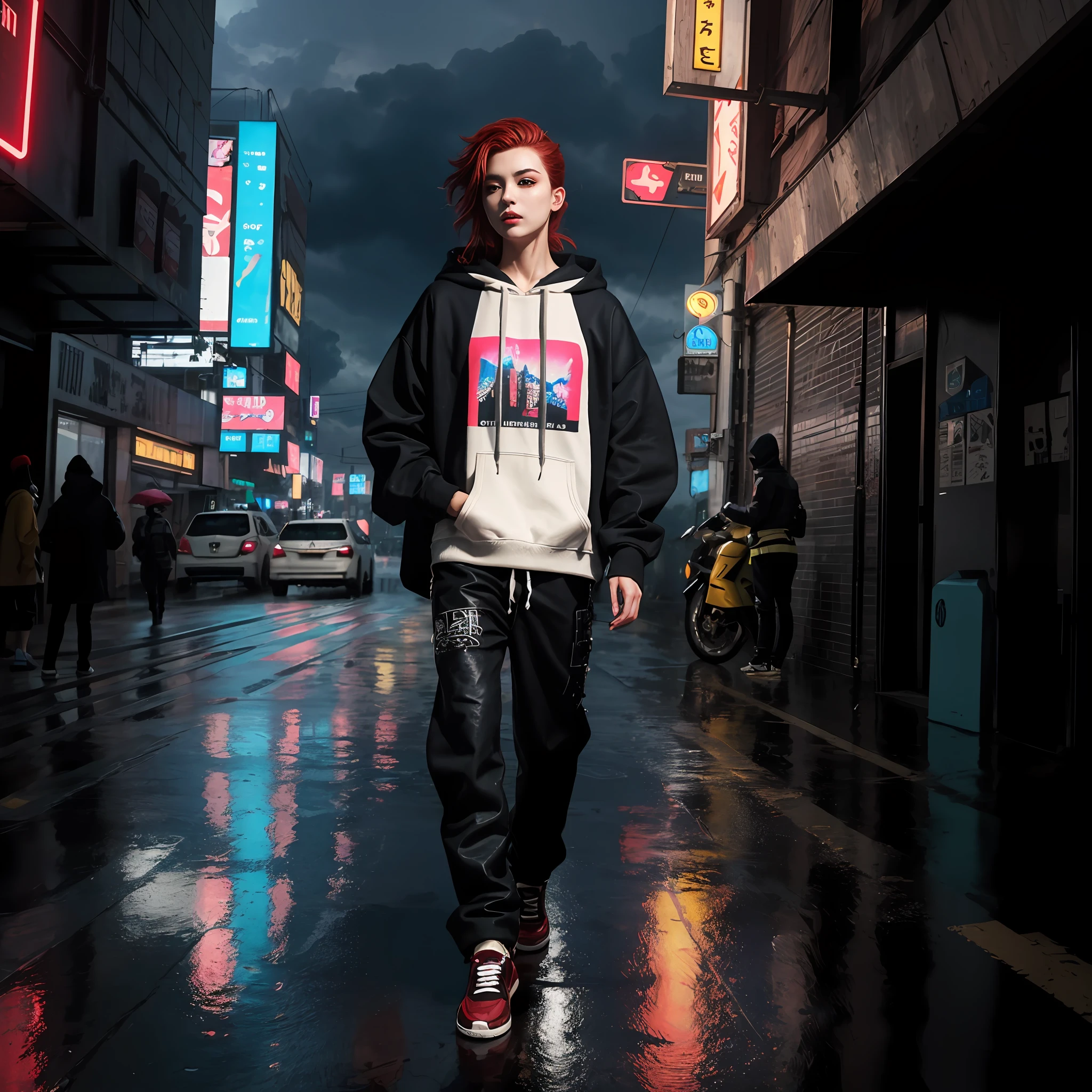 Best quality, Masterpiece, Cinematic, Realistic, Cyberpunk, Cyberpunk city, neonlight, voluminetric lighting, Black sky, (Rained, thunderstorm), 1girll, (Cyberpunk clothing, Hoodie, Pants, punk clothing), (Flowing red hair), Water is reflected on the ground, from the front side, ((Hidden Face)),