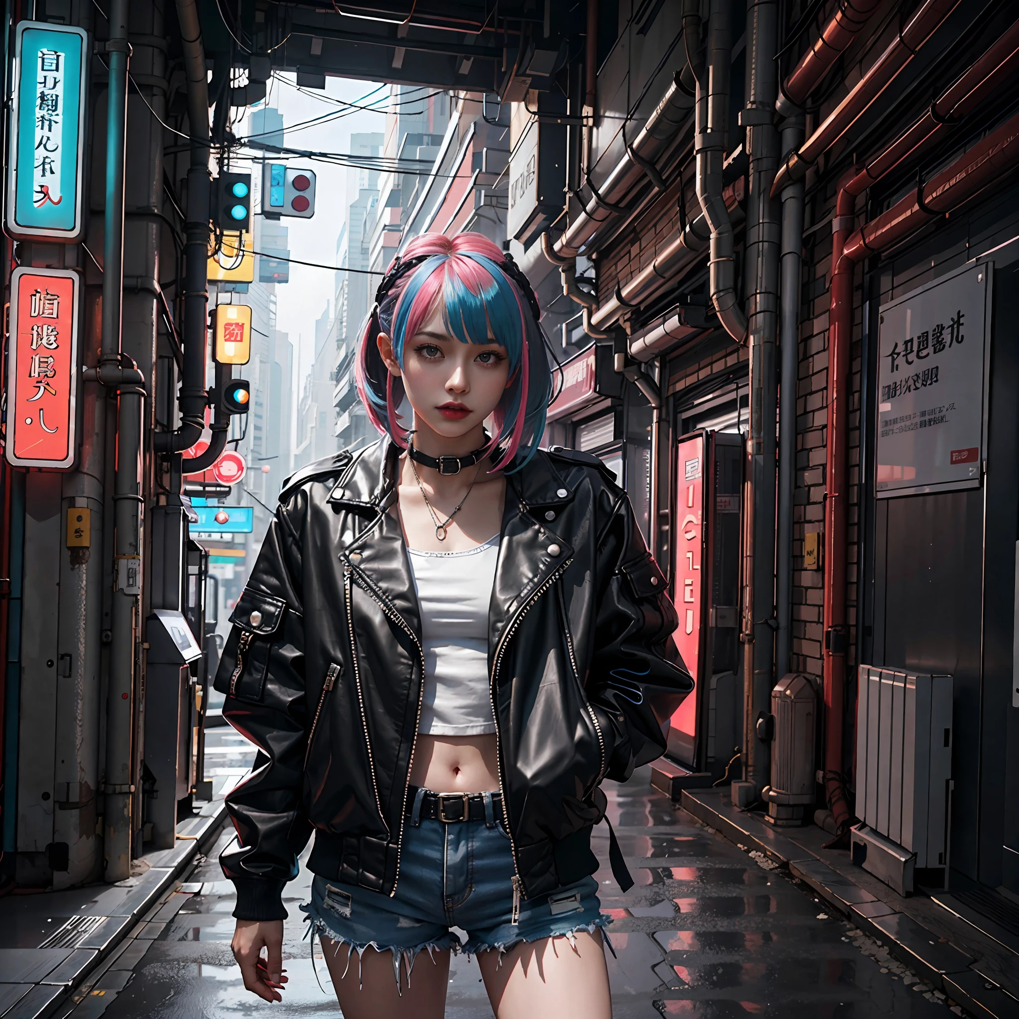 , A girl
, neonlight
, neon hongkong_City
, Neon hair
, neon eyes
, Black leather jacket
, CyberpunkAI,