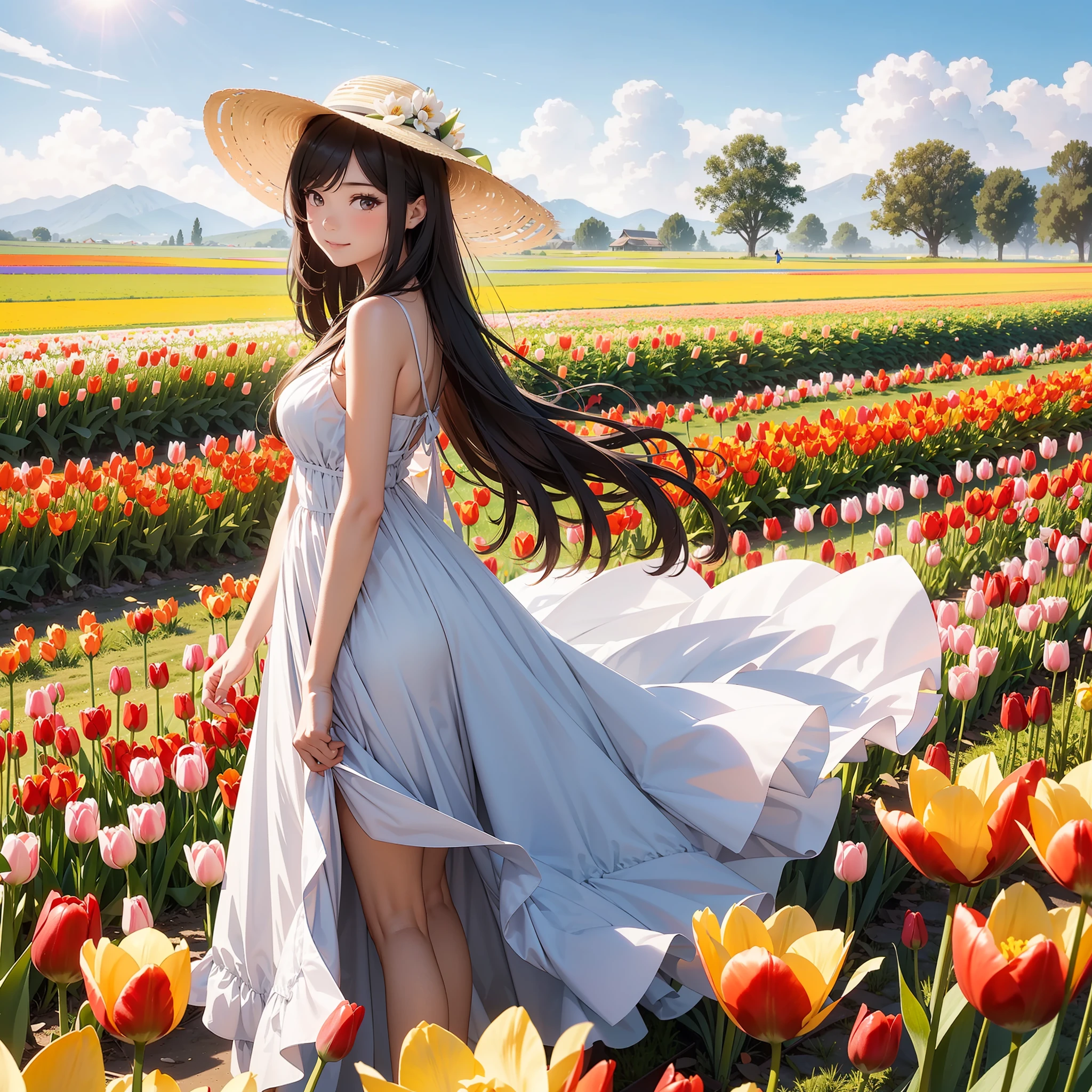 there is a pretty chinese woman standing in a field of tulips with a sun hat on and wearing white halter dress, long wavy brown hair, wearing sunglasses, tall and slim, beautiful, subtle smile, standing in tulips field, standing in a flower field, woman standing in tulips field, girl standing in a flower field, standing in a field with flowers, girl in a flower field, with flower fields as foreground, in a field of flowers, flower fields, girl standing in flower field