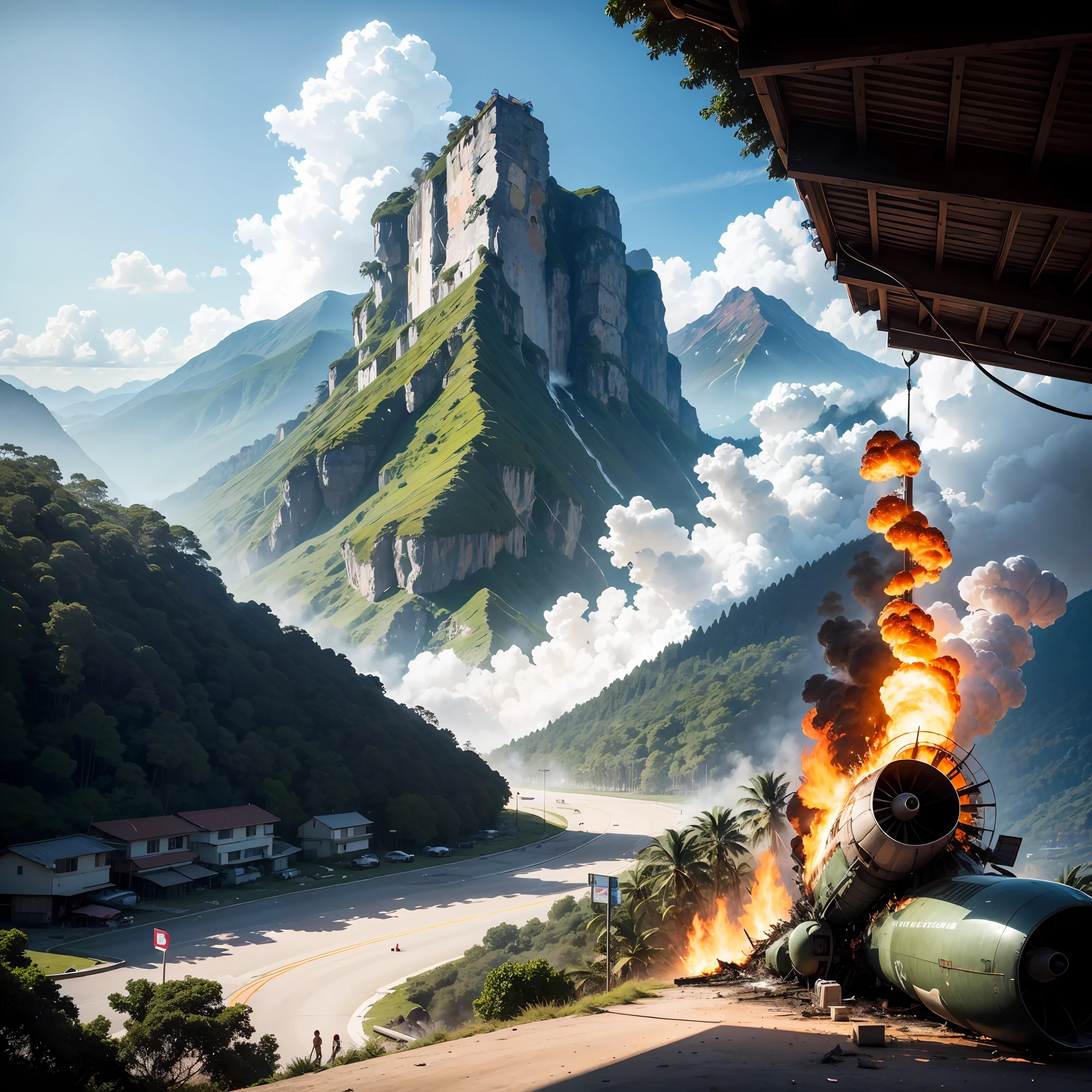 A plane catching engine fire falling toward a mountain on a tropical island