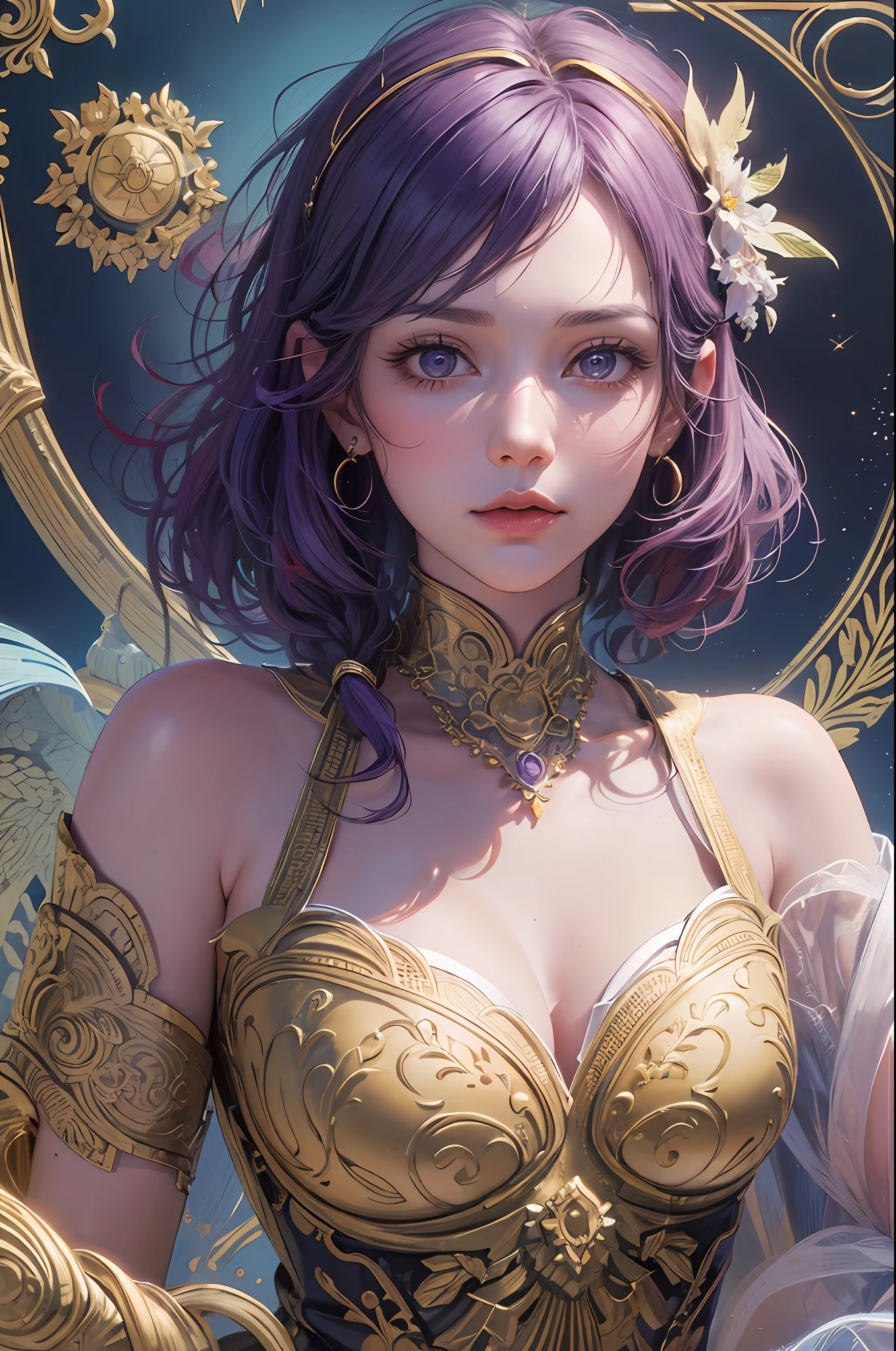 Official art, Unity 8K wallpaper, super detailed, beautiful aesthetic, beautiful, masterpiece, top quality, (Zentangle, Mandala, Tangle, Entangle, entangle, entangle, entangle), the most beautiful chaotic shape, one girl, very detailed, (fractal art: 1.3), cute European shorthair cat red in a Victorian cup, beautiful flowers around, bright and colorful, Saturated vintage, beauty looks painter. "This is a work by Kazuo Inuitsuki, in which the greatest painter in human history meets an unparalleled beauty and riskes his life to depict the most beautiful figure. An art style that combines the elegance of line art with the vividness of watercolor. The artwork is very detailed, with sharp focus and smooth transitions. The overall feel is dynamic and highly sophisticated, influenced by the works of Carne Griffith, Vadim Qasim and Carl Larsson. In the style of Carne Griffith (intricate and flowing linework), Vadim Qasim (bold use of color and texture), Carl Larson (light and airy composition) and Pascal Blanche (ultra-realistic character design and matte painting technique). The camera angles are dramatic and expressive, and the artwork captures the essence of matte painting concept art. The golden ratio is used to create a balanced composition, and the overall feel is very sophisticated and elegant. This style is trending on CGSociety and Artstation, perfect for production cinematic character renderings and intricate artwork masterpieces. The main woman must be delicately detailed and vividly expressed, especially characteristic of purple hair, luxurious ornaments, gorgeous hair ornaments, beautiful fingertips, and purple eyes. The highly realistic depiction takes decades to depict with delicate detail, meticulousness and meticulousness, making it the greatest masterpiece in human history."