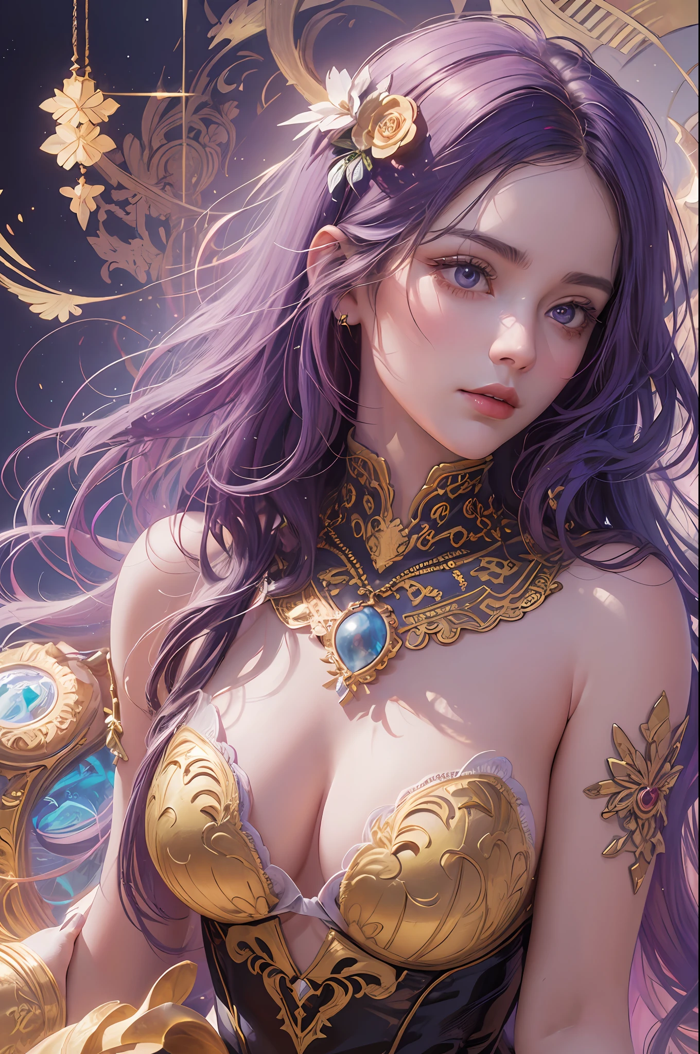 Official art, Unity 8K wallpaper, super detailed, beautiful aesthetic, beautiful, masterpiece, top quality, (Zentangle, Mandala, Tangle, Entangle, entangle, entangle, entangle), the most beautiful chaotic shape, one girl, very detailed, (fractal art: 1.3), cute European shorthair cat red in a Victorian cup, beautiful flowers around, bright and colorful, Saturated vintage, beauty looks painter. "This is a work by Kazuo Inuitsuki, in which the greatest painter in human history meets an unparalleled beauty and riskes his life to depict the most beautiful figure. An art style that combines the elegance of line art with the vividness of watercolor. The artwork is very detailed, with sharp focus and smooth transitions. The overall feel is dynamic and highly sophisticated, influenced by the works of Carne Griffith, Vadim Qasim and Carl Larsson. In the style of Carne Griffith (intricate and flowing linework), Vadim Qasim (bold use of color and texture), Carl Larson (light and airy composition) and Pascal Blanche (ultra-realistic character design and matte painting technique). The camera angles are dramatic and expressive, and the artwork captures the essence of matte painting concept art. The golden ratio is used to create a balanced composition, and the overall feel is very sophisticated and elegant. This style is trending on CGSociety and Artstation, perfect for production cinematic character renderings and intricate artwork masterpieces. The main woman must be delicately detailed and vividly expressed, especially characteristic of purple hair, luxurious ornaments, gorgeous hair ornaments, beautiful fingertips, and purple eyes. The highly realistic depiction takes decades to depict with delicate detail, meticulousness and meticulousness, making it the greatest masterpiece in human history."