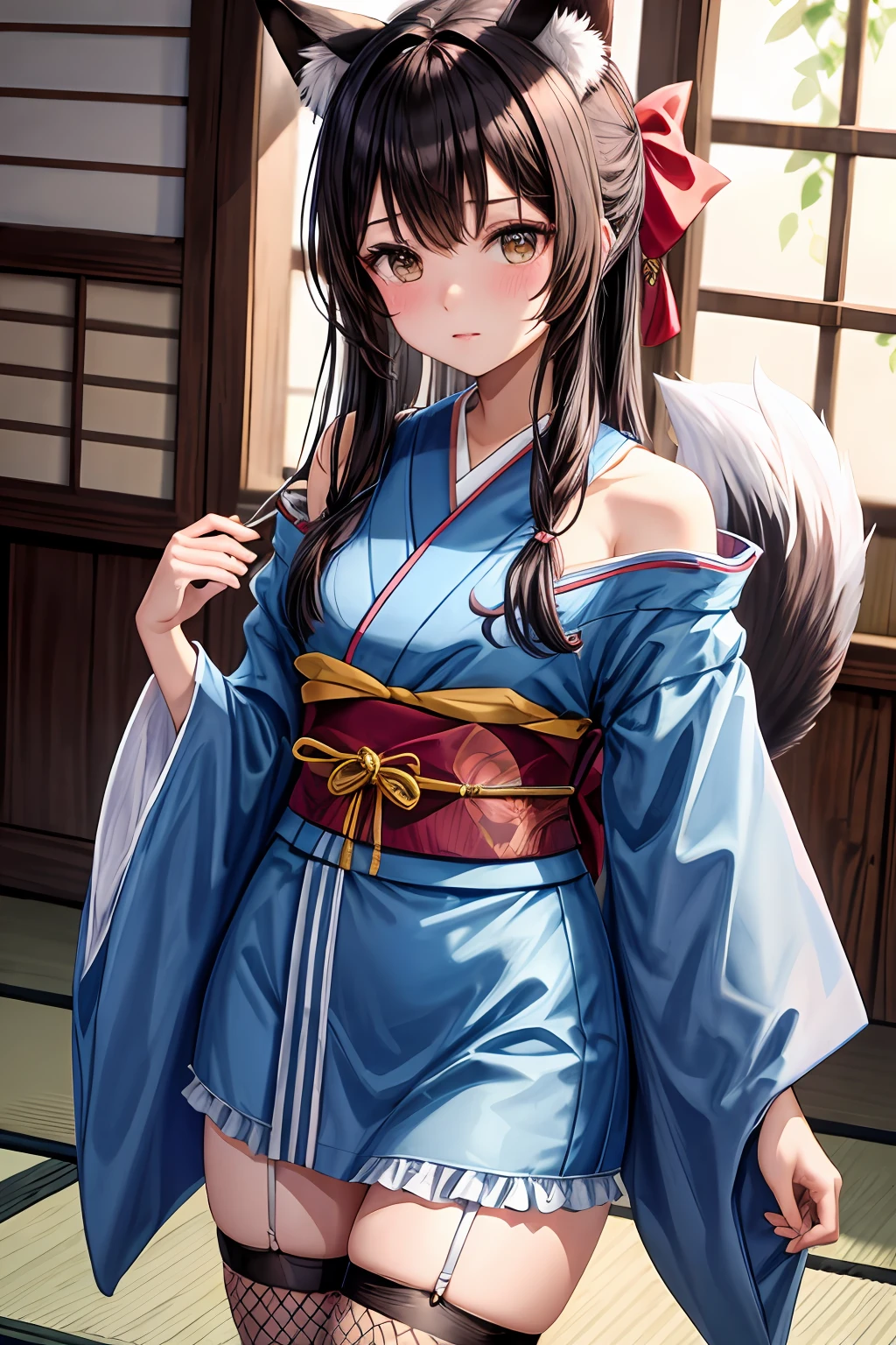 masterpiece, best quality, highres, op1, animal ears, black hair, blush, hair bow, bangs pinned back, streaked hair, animal ears, fox tail, fishnet thighhighs, japanese clothes, kimono, off shoulder, sash, frills, bell, long sleeves, obi, wide sleeves, forehead, cowboy shot, standing, indoors,