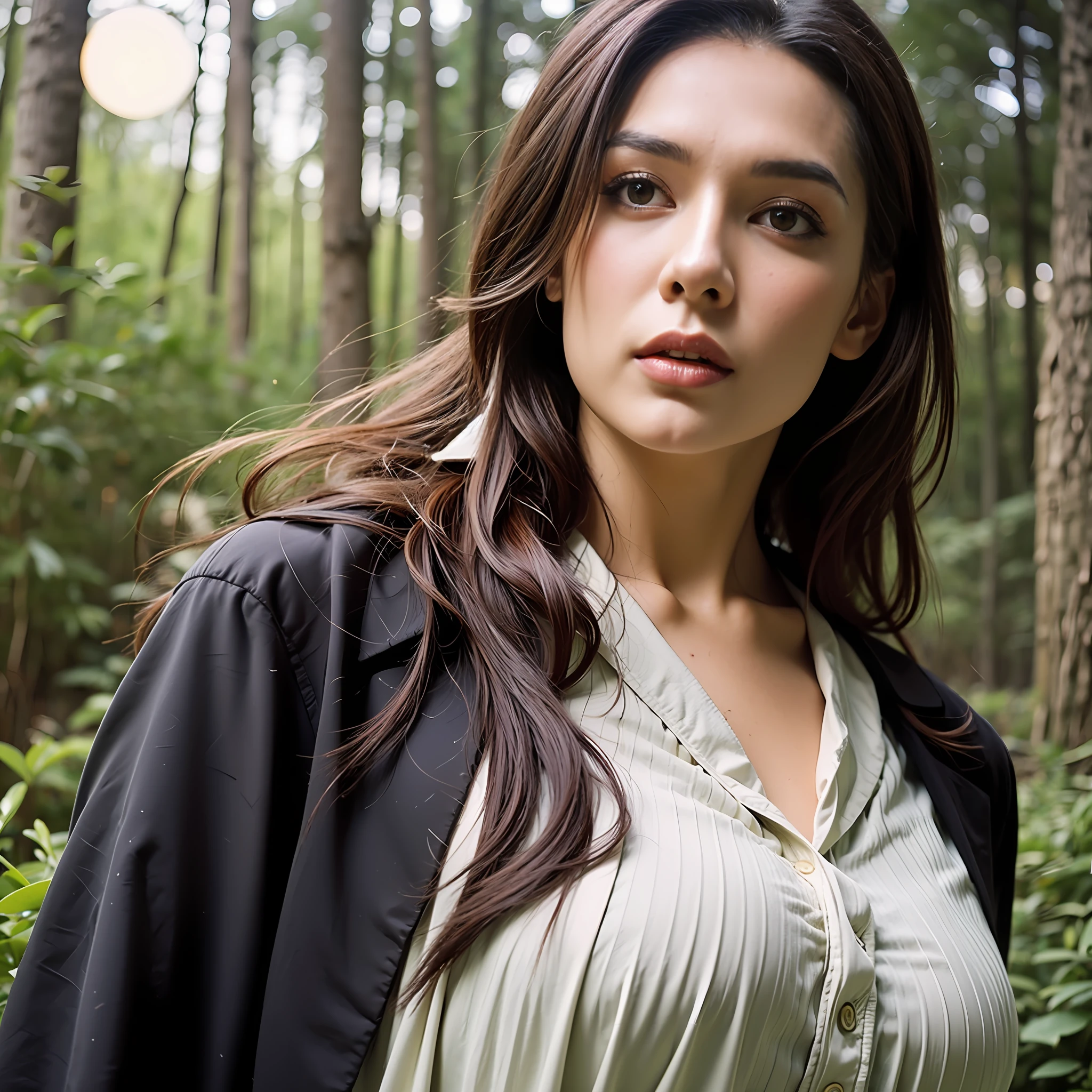 An image of a mystical girl in the woods whispering to animals, highlighted by ethereal moonlight, extremely detailed, ultra realistic, 10k high resolution, in the style of tempera, conte crayon, and digital painting, weaving elements of Art Nouveau, Expressionism, and the Pre-Raphaelite Brotherhood
