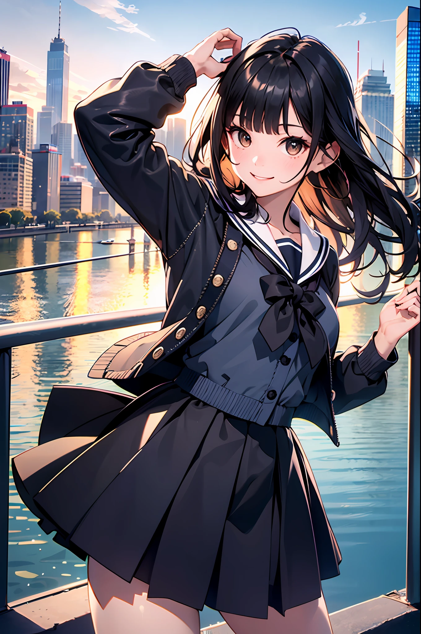 (top-quality、in 8K、32K、masterpiece、nffsw、ighly detailed:1.2)、cowboy shot, (Vibrant city skyline reflected on the tranquil waterfront:1.4)、beautiful shadow、beauitful face、blurry backround、16-year-old beautiful girl、shinny skin, Beautiful black hair、Blunt bangs、 side poneyTail、Brown eyes、a sailor suit、pleatedskirt、Black socks、Black shoes、A smile、Raising arms、Dynamic Pose,