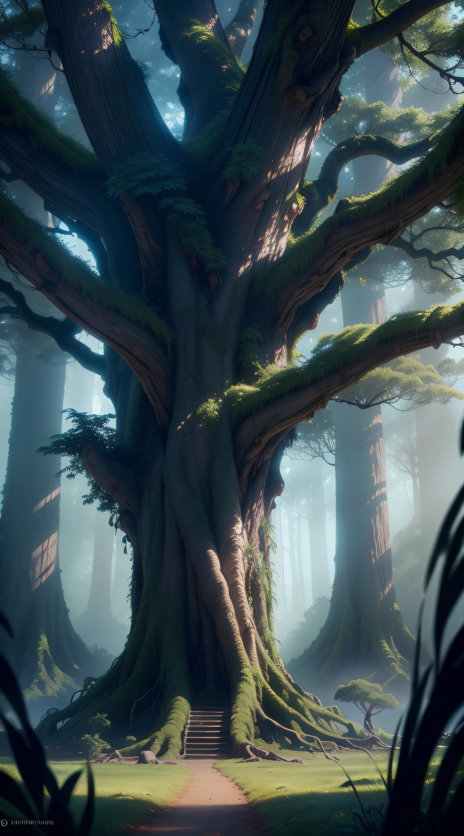 The tree called EWA from the movie avatar, in a stunning cinematic style, with magical and realistic details.