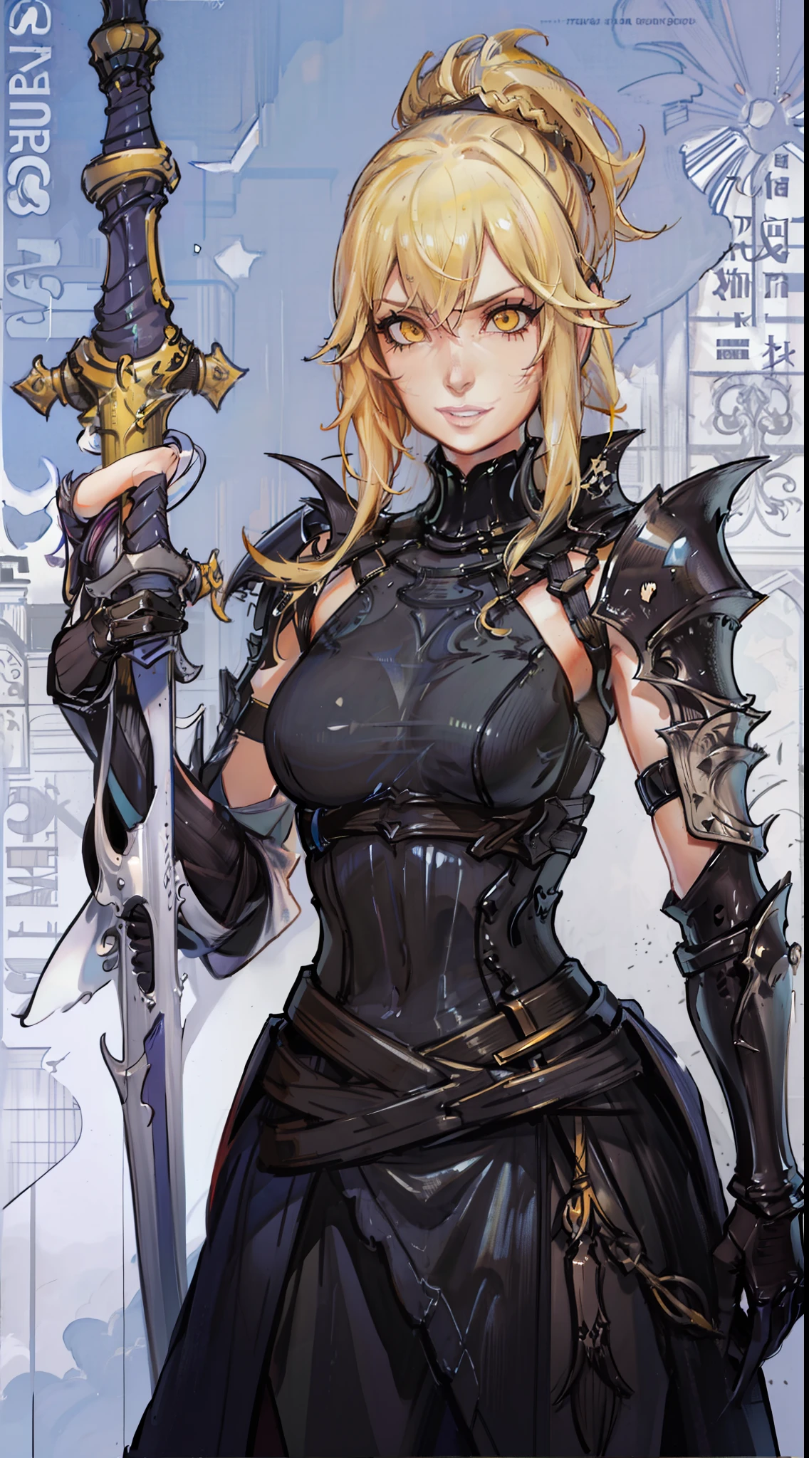 elven knight, messy bun, black eyeliner, mascara, natural lips, looking at viewer, grin, mouth closed, blonde hair, yellow eyes, sexy anime face, highly detailed, perfect face, shiny skin, shiny hair, wearing plate armor,fantasy armor, sword in left hand, full body