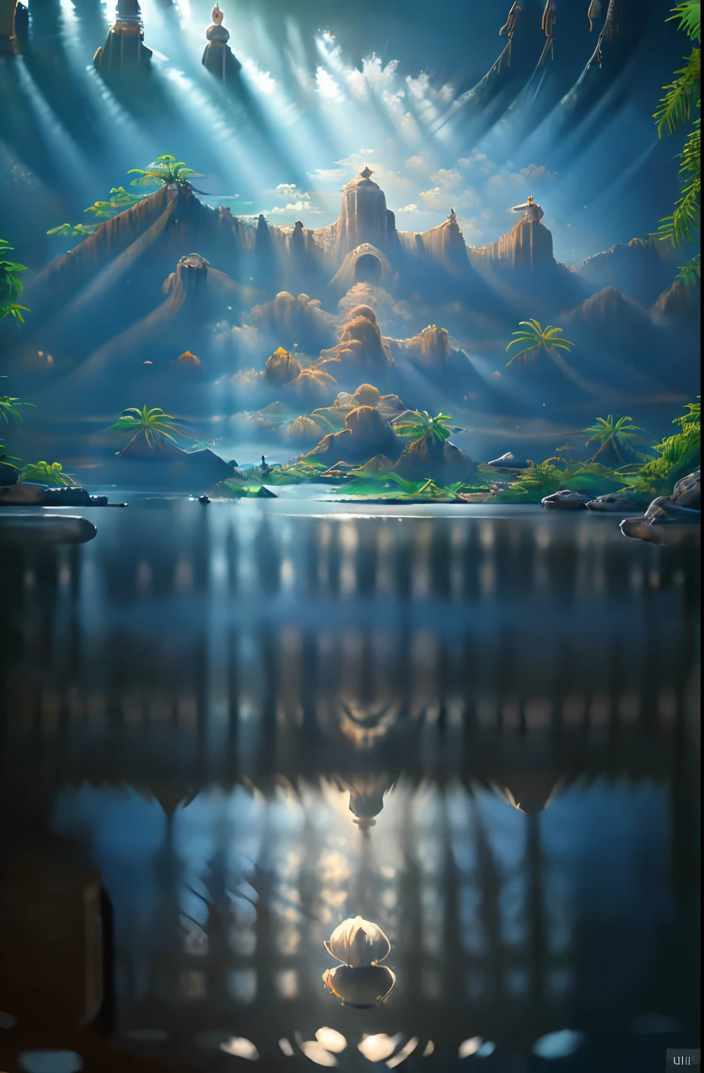 (8k, RAW photo, best quality, masterpiece:1.2), (realistic, photo-realistic:1.37), octane render, ultra high res, ultra-detailed , professional lighting, photon mapping, radiosity, physically-based rendering, ue5, ((island sanctuary)), ((ancient fallen kingdom)), ((reflections in water)), ((raytracing)), ((drowned city)), (depth of field), landscape,