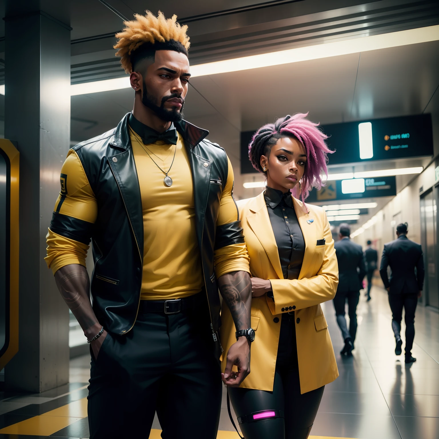 I'd like a cyberpunk style image in 4k average photo of two black characters ,homem e mulher ,portanto,africano, forte, musculoso,Bodybillder,muito forte de pele negra ,barba grande,barba, Estiloso Barbon,com cabelo punk estilo anos 80 na cor amarelo e cinza escuro,muito eLegante,, futurista e estiloso neon , com uma tatuagem super colorida e com neon ,Toattoo, facing a metro station on the platform , with station lights failing in a dimly lit environment, standing dressed in a dark yellow suit with a pink bow tie and baggy shirt.