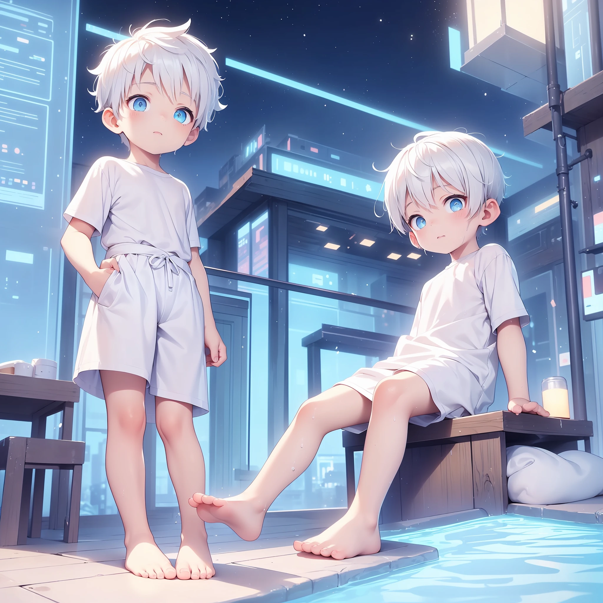 4K), little boy with white hair and barefoot and wet oily white clothes small tiny feet, He sits on a rooftop, und betet, Nebel Licht, Impressionismus, 2D, (Dornen: 1.1), (toter Baum: 1.1) Focused on feet, feet closeup