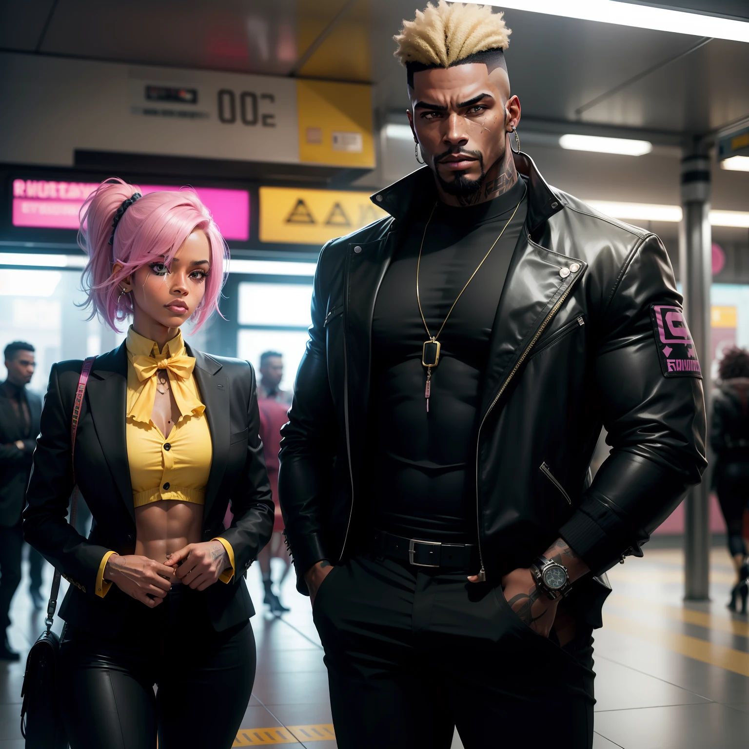I'd like a cyberpunk style image in 4k average photo of two black characters ,homem e mulher ,portanto,africano, forte, musculoso,Bodybillder,muito forte de pele negra ,barba grande,barba, Estiloso Barbon,com cabelo punk estilo anos 80 na cor amarelo e cinza escuro,muito eLegante,, futurista e estiloso neon , com uma tatuagem super colorida e com neon ,Toattoo, facing a metro station on the platform , with station lights failing in a dimly lit environment, standing dressed in a dark yellow suit with a pink bow tie and baggy shirt.