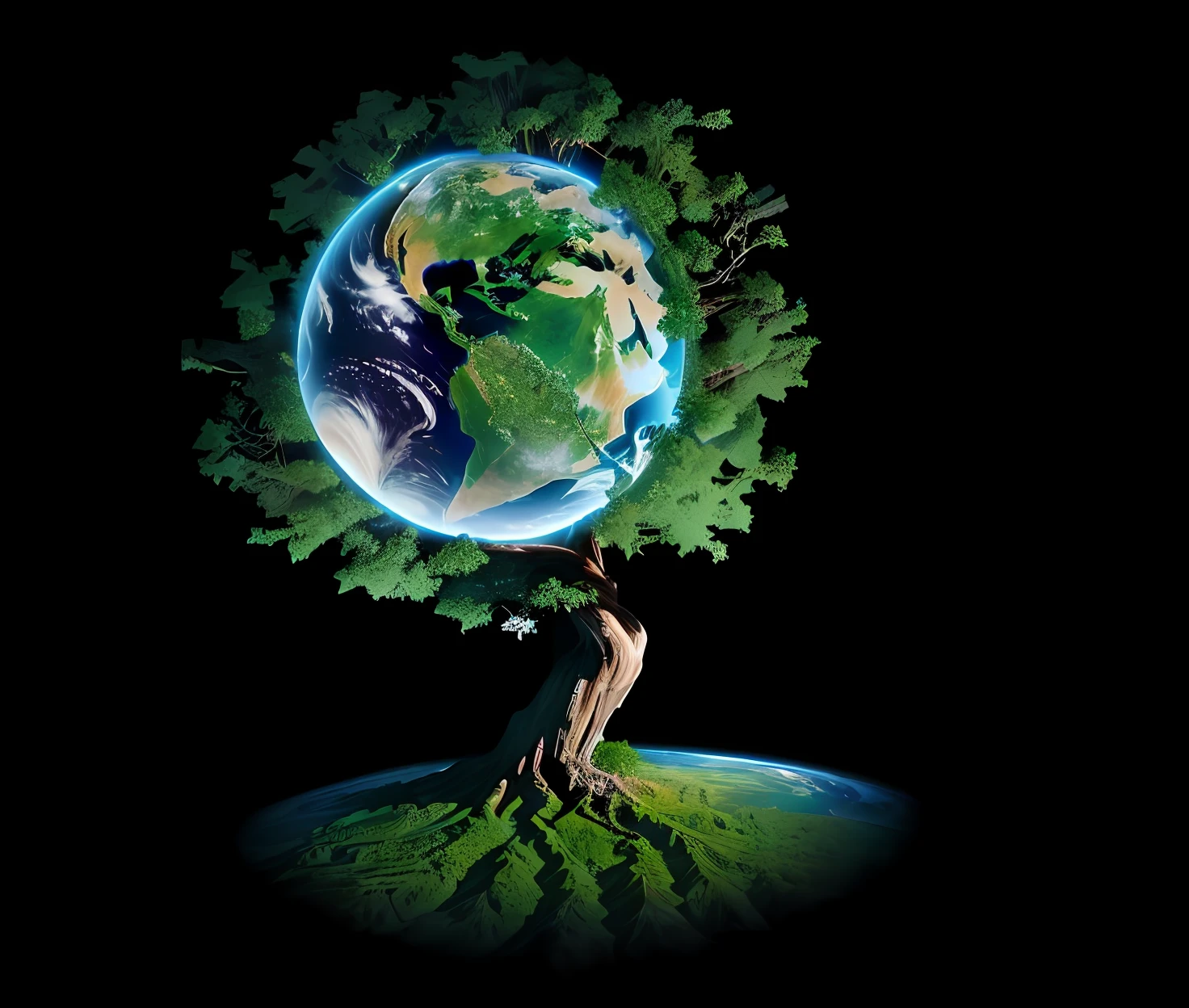 a closeup of a majestic tree with a planet Earth in the middle of the canopy