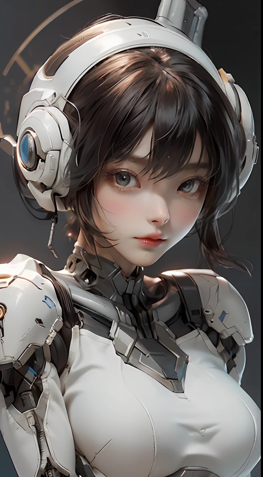 Extremely cute human girl face, human torso, human huge boobs, human abdomen, human hips, robotic arms, mechanical legs, arms and legs with hard white shiny shell and black joints, very beautiful and feminine, short, petite, small, small, busty buttocks, medium bust, cleavage display, flat belly display, partial helmet with antenna on the ear, black robot joints, very stylish, award-winning product design, black rubber tights, The shiny white metal breastplate opens at the cleavage and abdomen, the white metal buttocks are wrinkled, and the armor has stylish, glowing trims